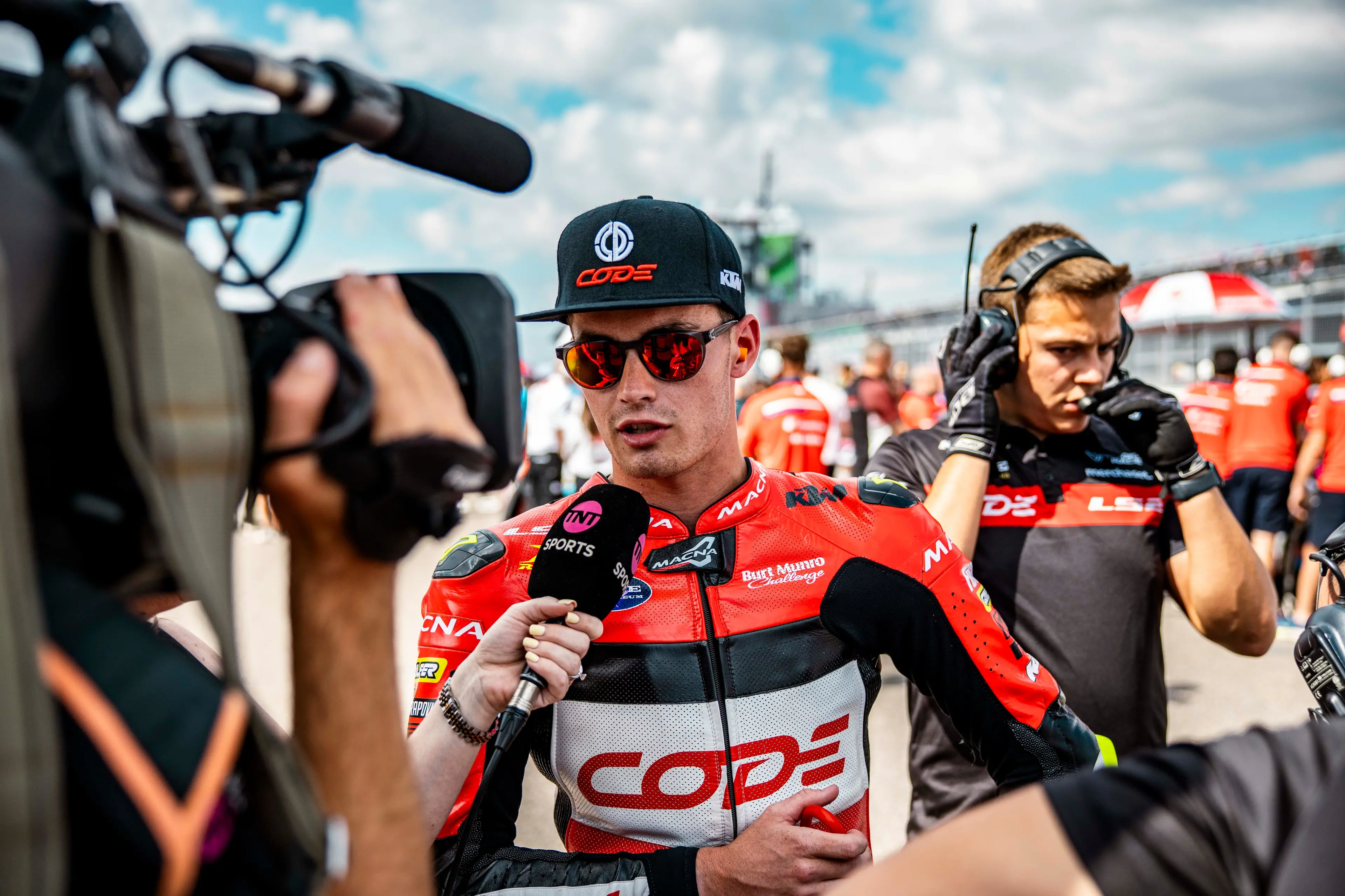 Southland motorcycle racer Cormac Buchanan talks to media before a Moto3 event. Photo: Manu Tormo