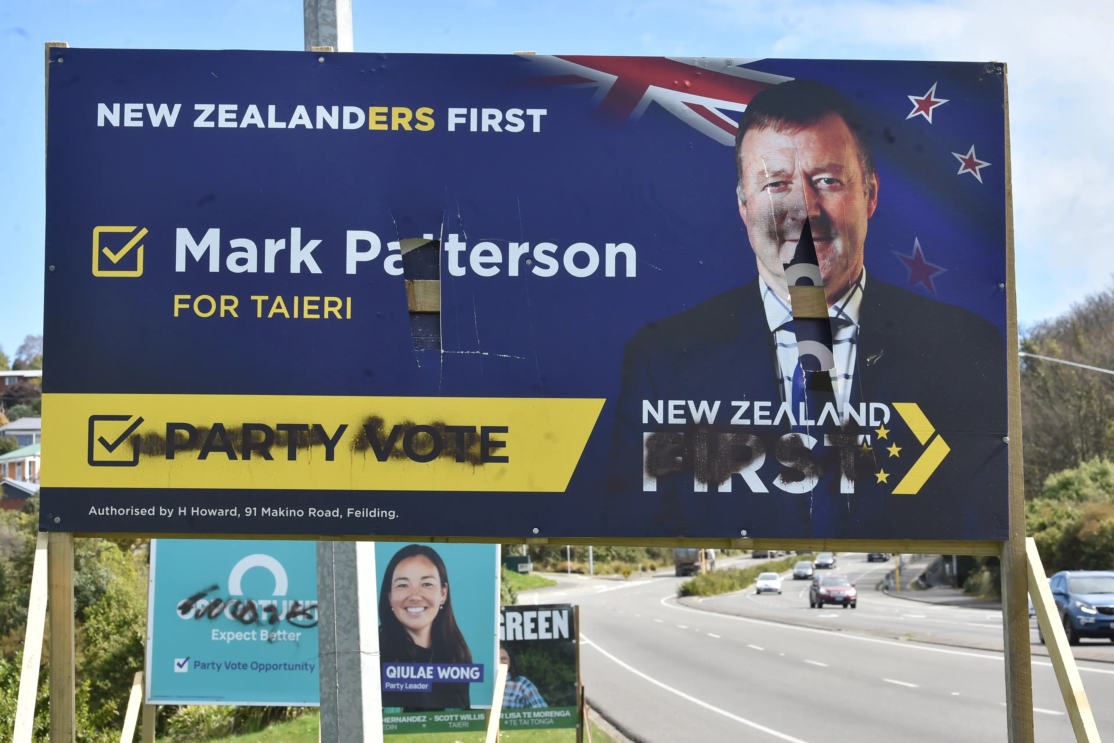 Election billboards vandalised on the Dunedin Southern Motorway in Caversham. Photo: Peter McIntosh