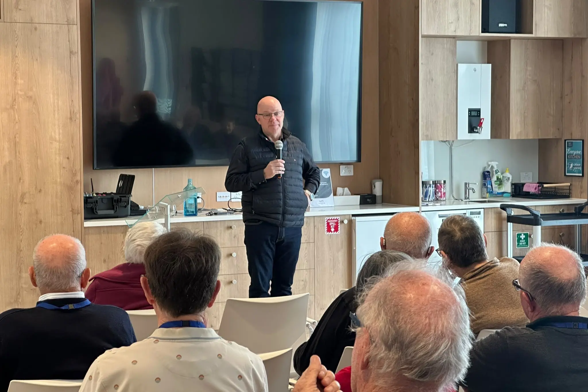 Repayment rules . . . Waimakariri MP Matt Doocey speaks to residents of the Sterling in Kaiapoi recently about Government strengthening protections for retirement village residents. Photo: Supplied