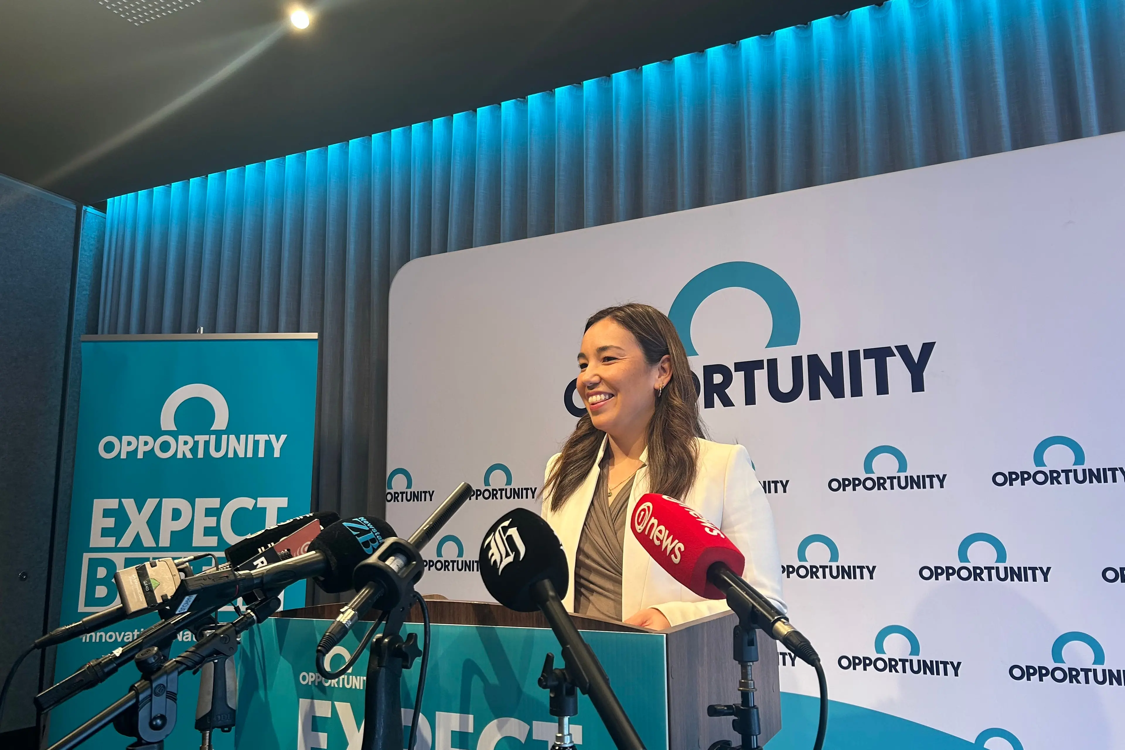 Opportunity Party leader Qiulae Wong in Auckland on Tuesday. Photo: RNZ