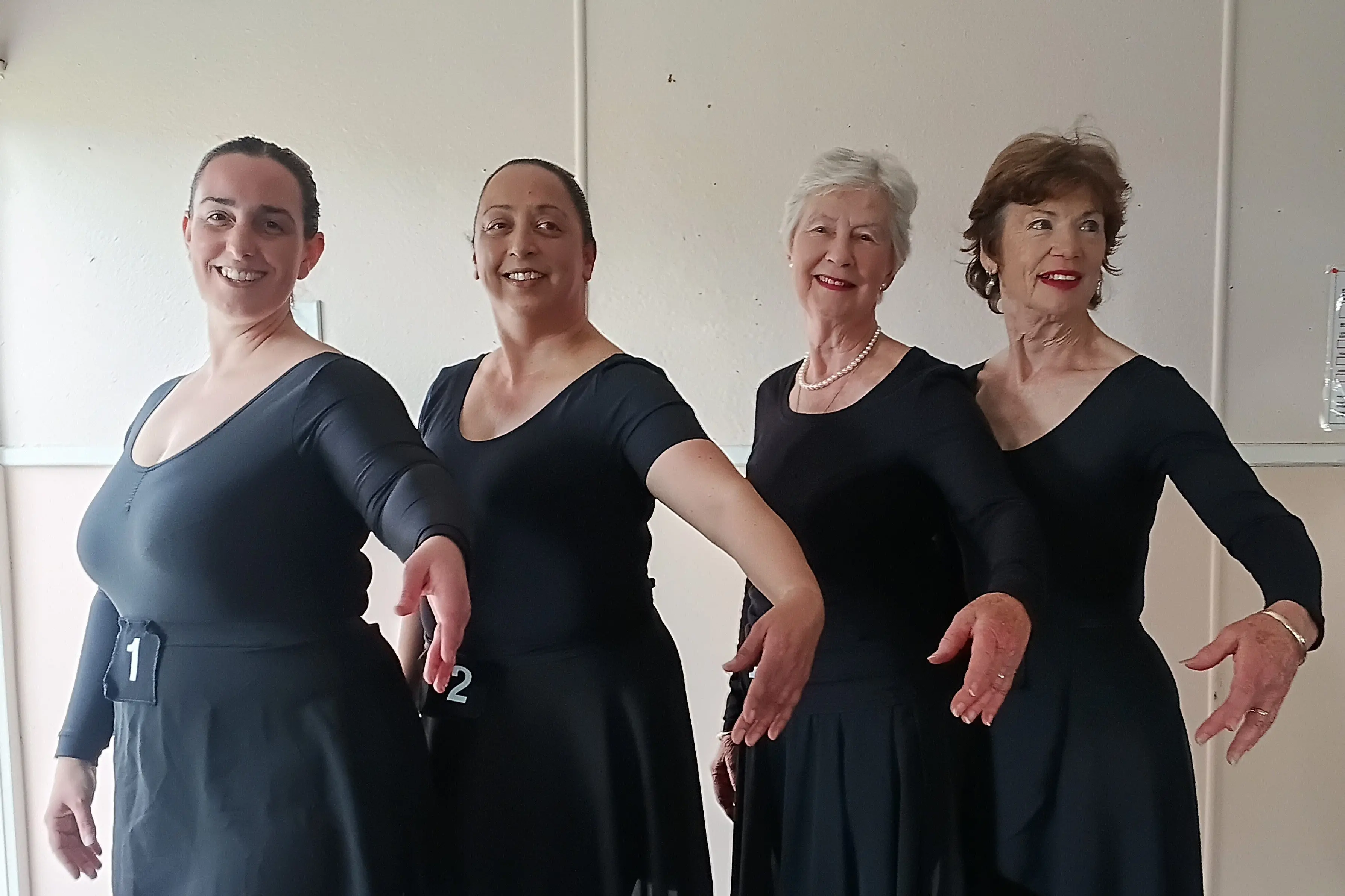 Dance Worx Ashburton Silver Swans, from left, Melissa Alexander, Jane Kelly, Patricia Corbett and Maralyn McMillan warm up ahead of ballet exams in Ashburton last Friday. Melissa and Jane were sitting their Grade 5 exams while for Maralyn and Patricia it was a medal dance. Photo: Toni Williams