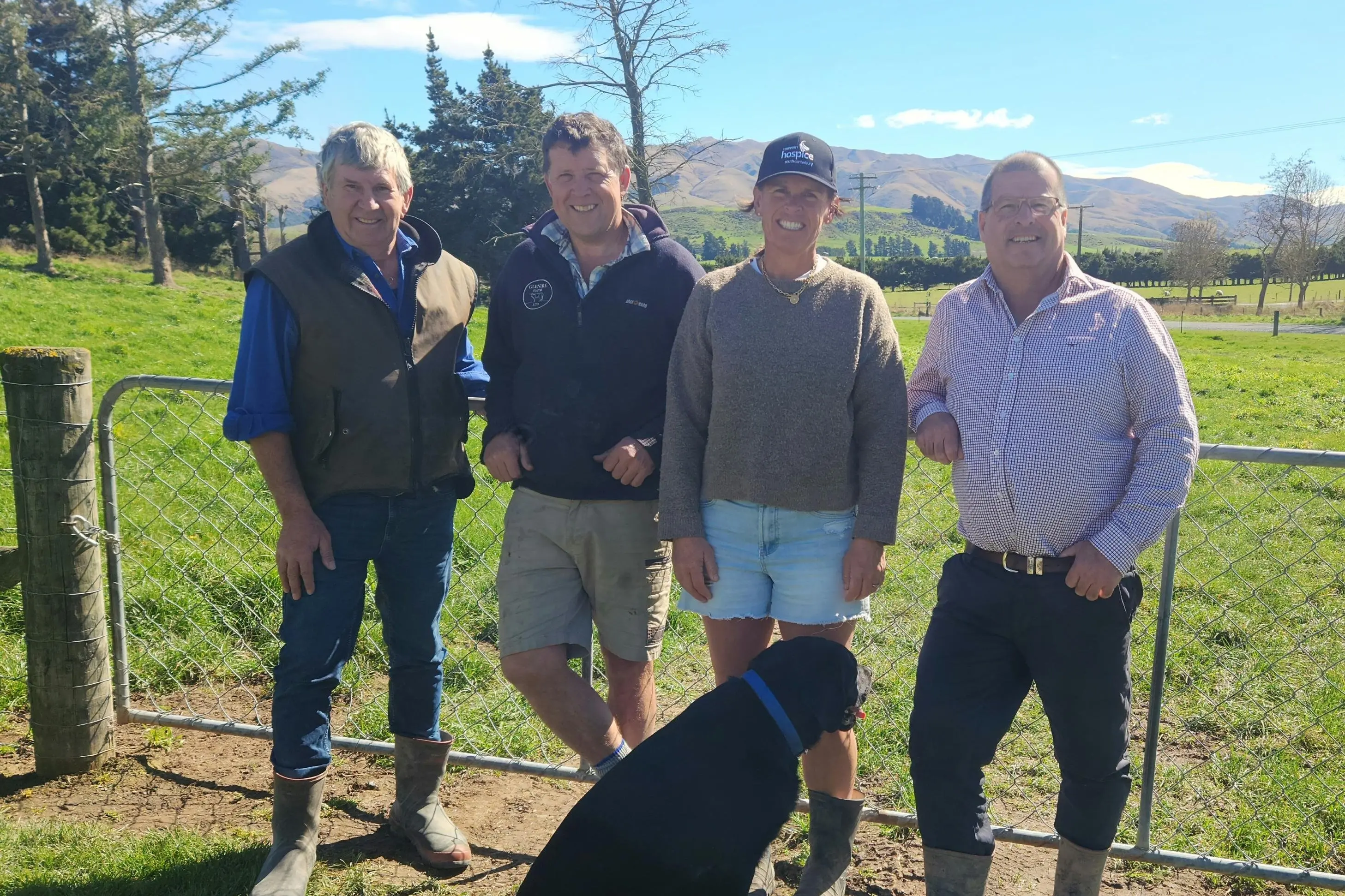 Supporting Hospice South Cantebury\\'s \"Raise a Calf\" fundraiser are (from left) Bruce McDougall, Ryan O\\u2019Sullivan, Tina O\\u2019Sullivan, Hamish Lane with Stanly the black Labrador. Photo: Supplied