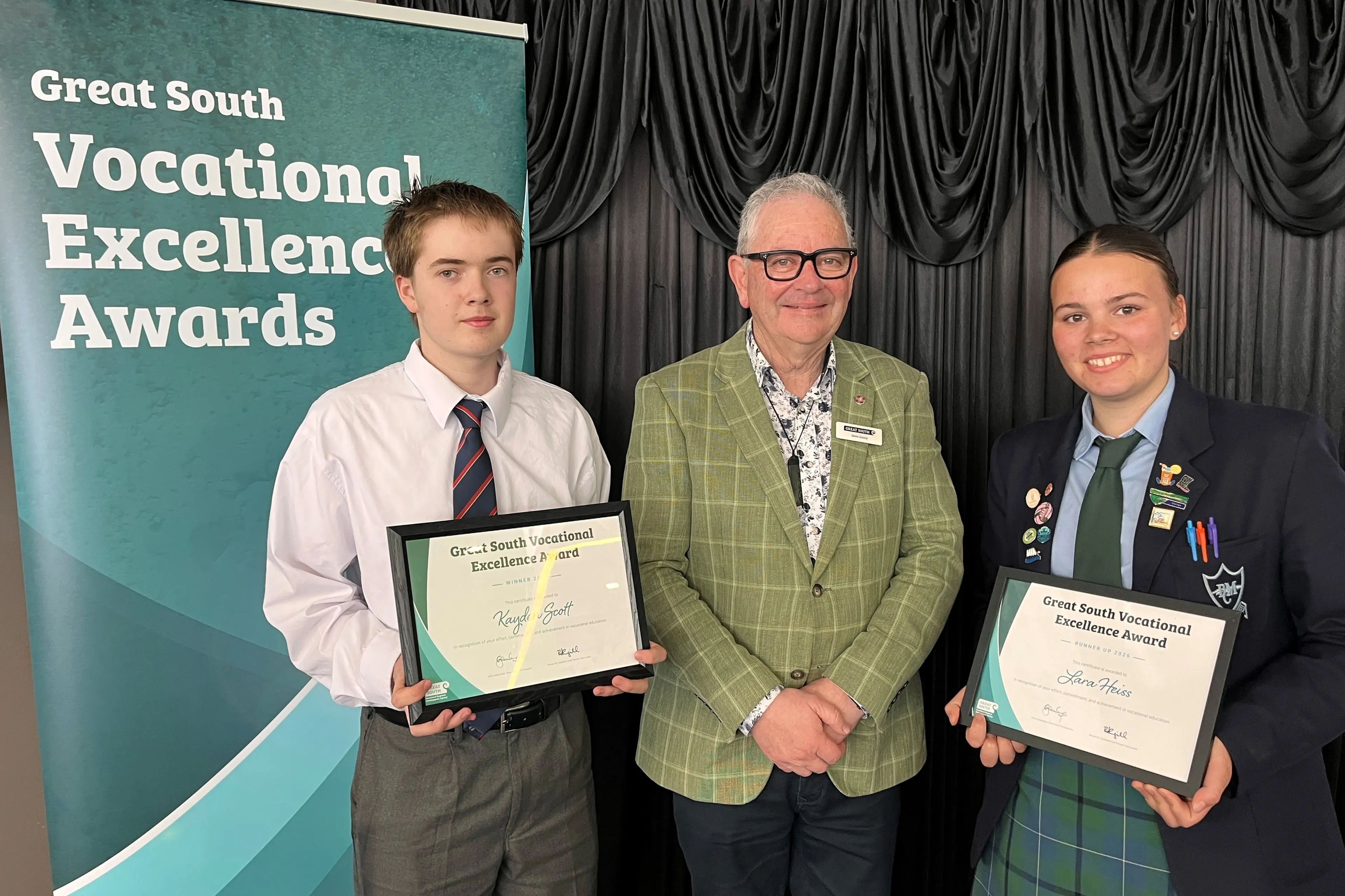 Grand Winner Kayden Scott and Grand Runner Up Lara Heiss with Great South GM strategic project Steve Canny. Photo Supplied