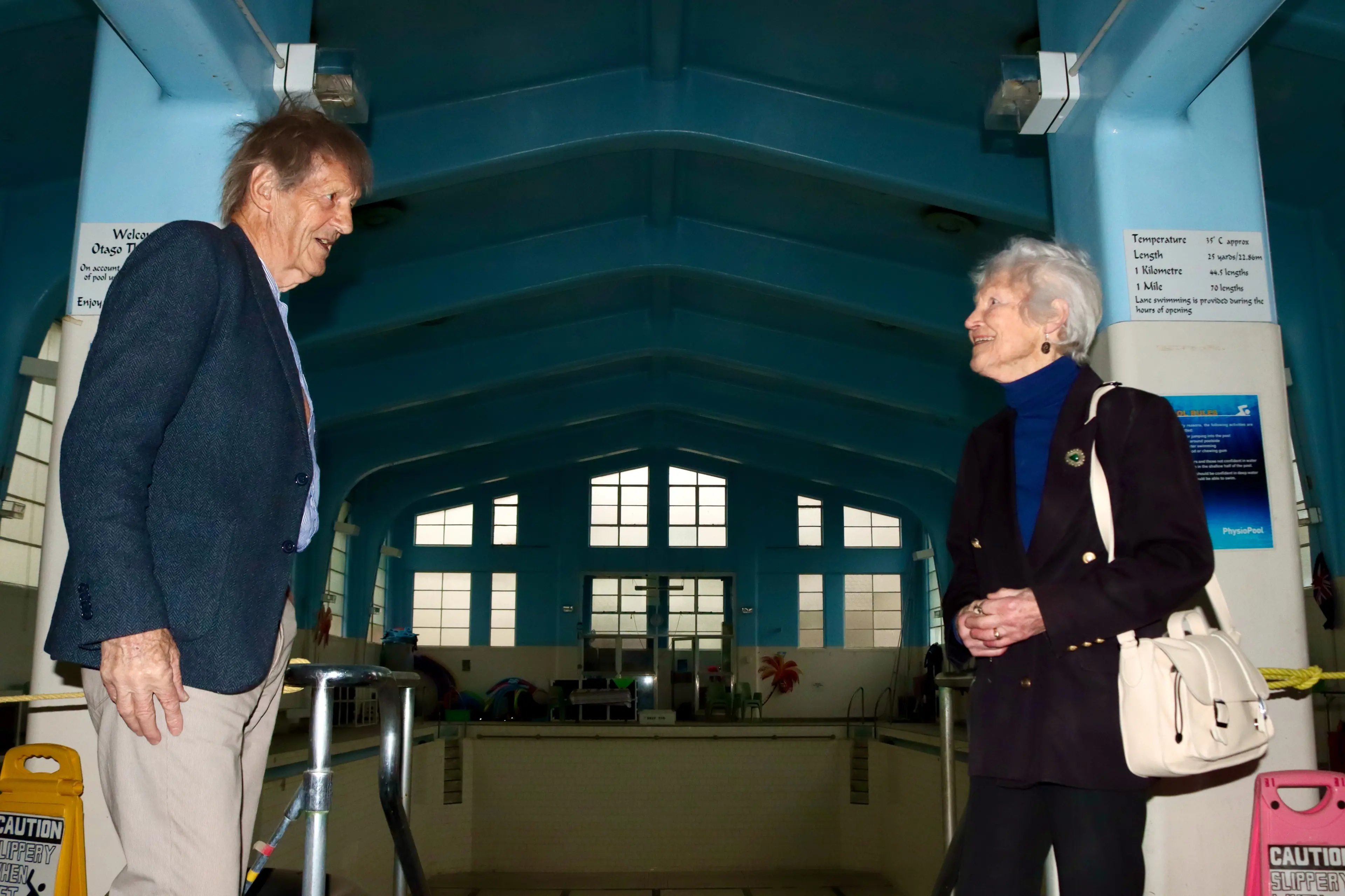 Otago Therapeutic Pool Trustee John Bezett (left) and Southern Heritage Trust founder Ann Barsby discuss the heritage of the Physiotherapy Pool. Photo: Sam Henderson