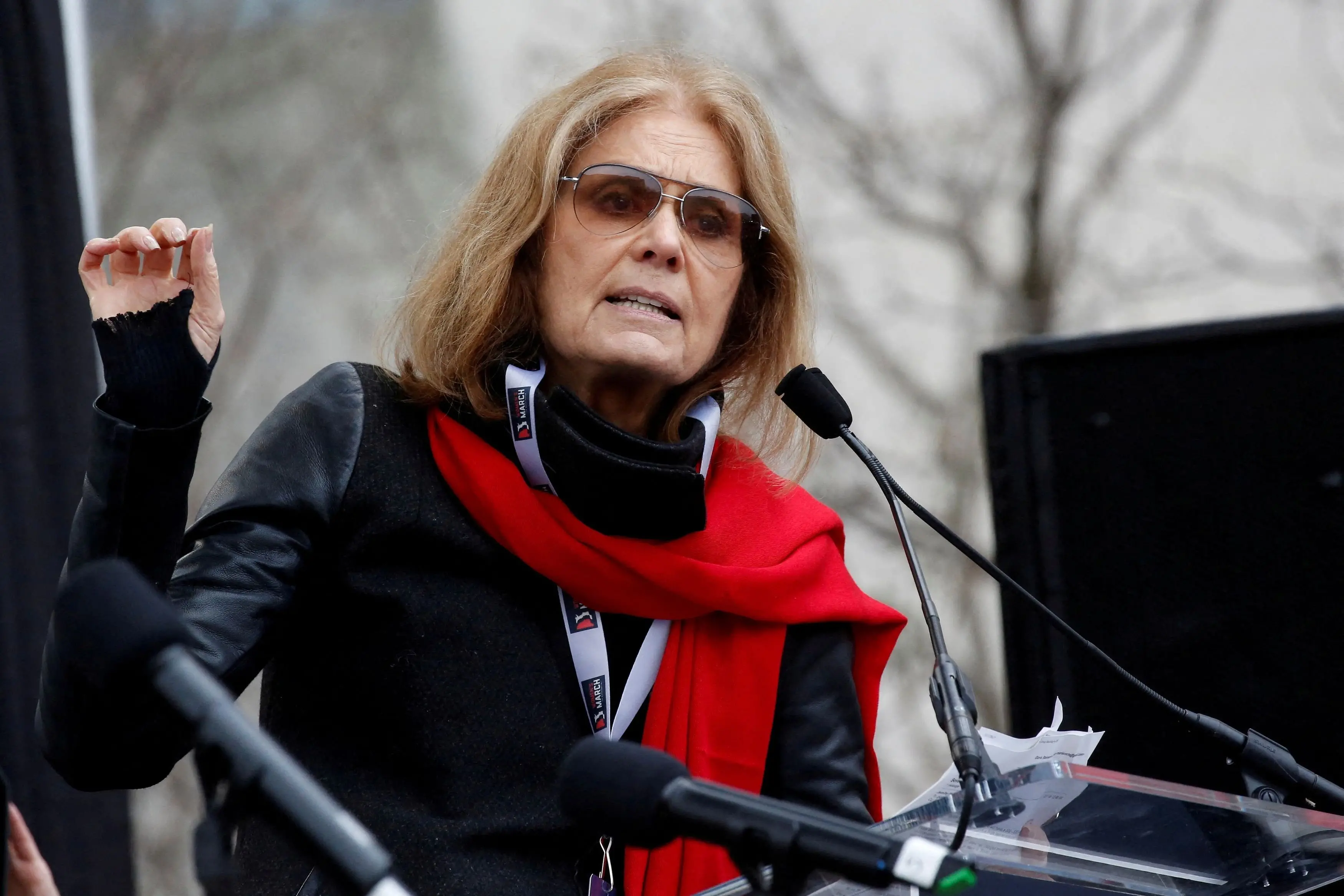 Gloria Steinem speaking at a women\\'s march in Washington DC in 2017. Photo: Reuters