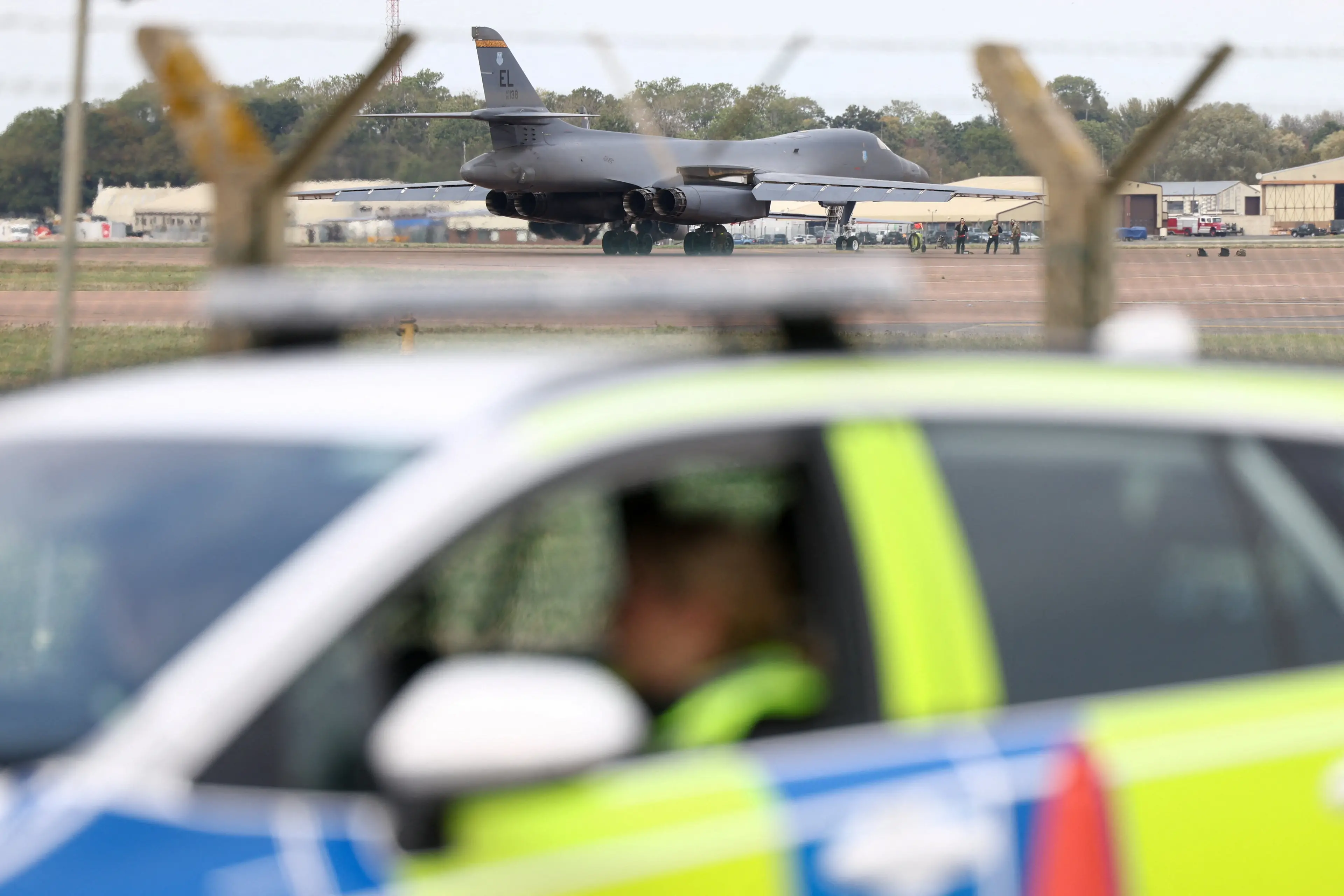 A B\\u20111B Lancer bomber arrives as police remain stationed at RAF Fairford following the incident. Photo: Reuters