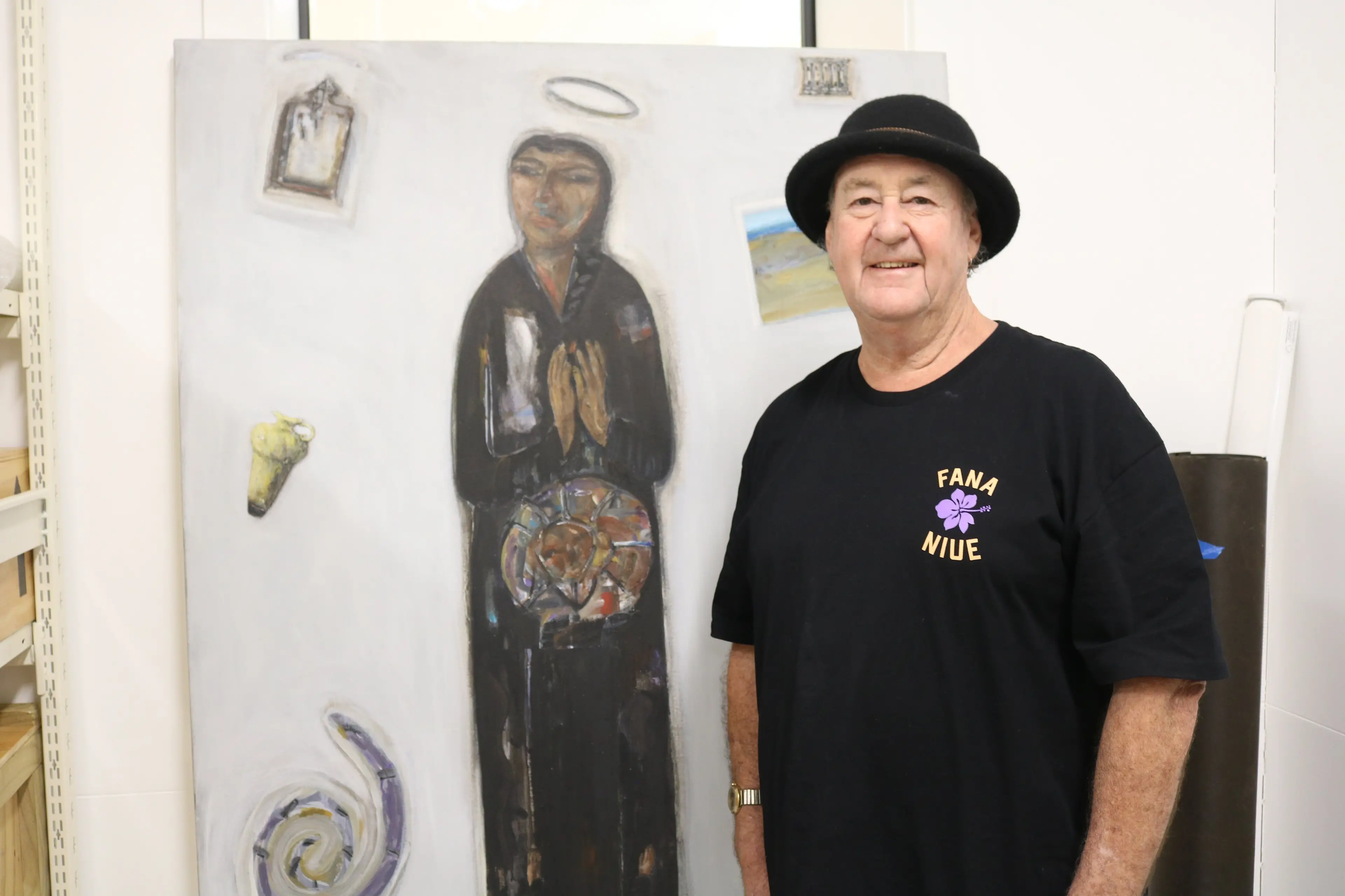 Artist Peter Cleverley in front of his painting titled \\'Mother\\' (1989) which is part of his \"Peter Cleverley: Dreams Are Free\" exhibition at the Forrester Gallery & Mahika Kai Mahika Toi. Photo: Jules Chin