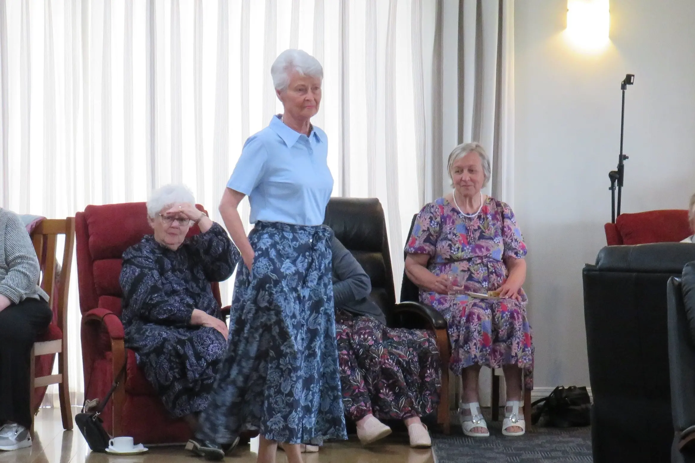 Age Concern Ashburton fashion parade with six models including Jenny Wells (centre) wearing fashion from Carolyn Eve. Photo: Dellwyn Moylan