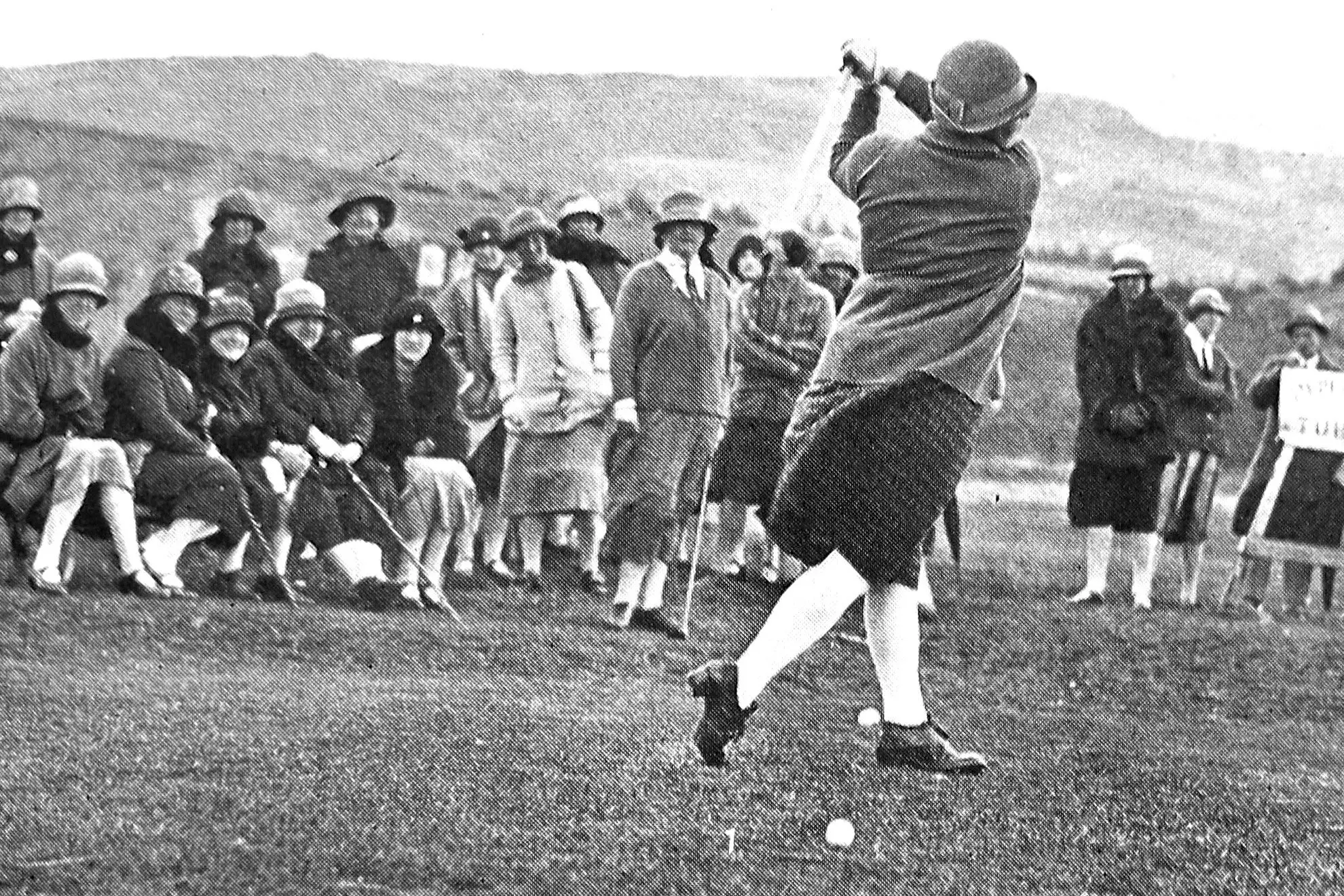 Ladies\\' golf championship, Balmacewen, Dunedin: Mrs E.G. Kerr (Timaru) drives the first ball in the final. Photo: <i>Otago Witness</i>, issue 3790, November 2 1926, page 41