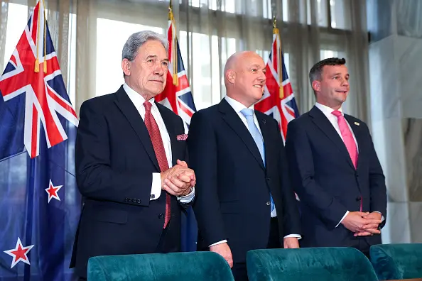 From left: Coalition partners Winston Peters, Christopher Luxon and David Seymour. Photo: Getty Images
