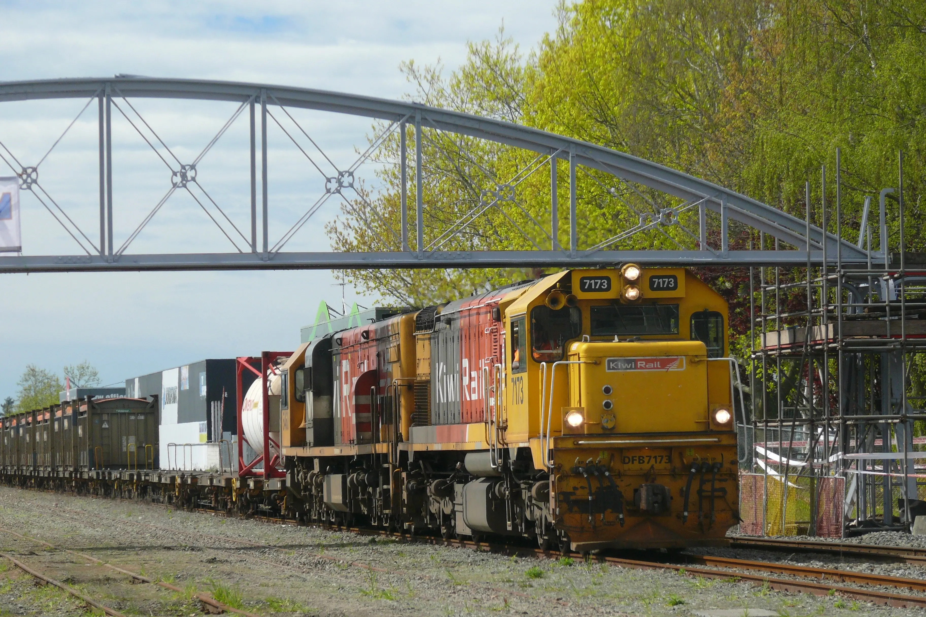 Train 925 travels through Ashburton following the return of the refurbished 25m centre section of the historic railway footbridge. It was the first train to travel through on September 28 after the centre was placed back into position. Photo: Tony Cameron