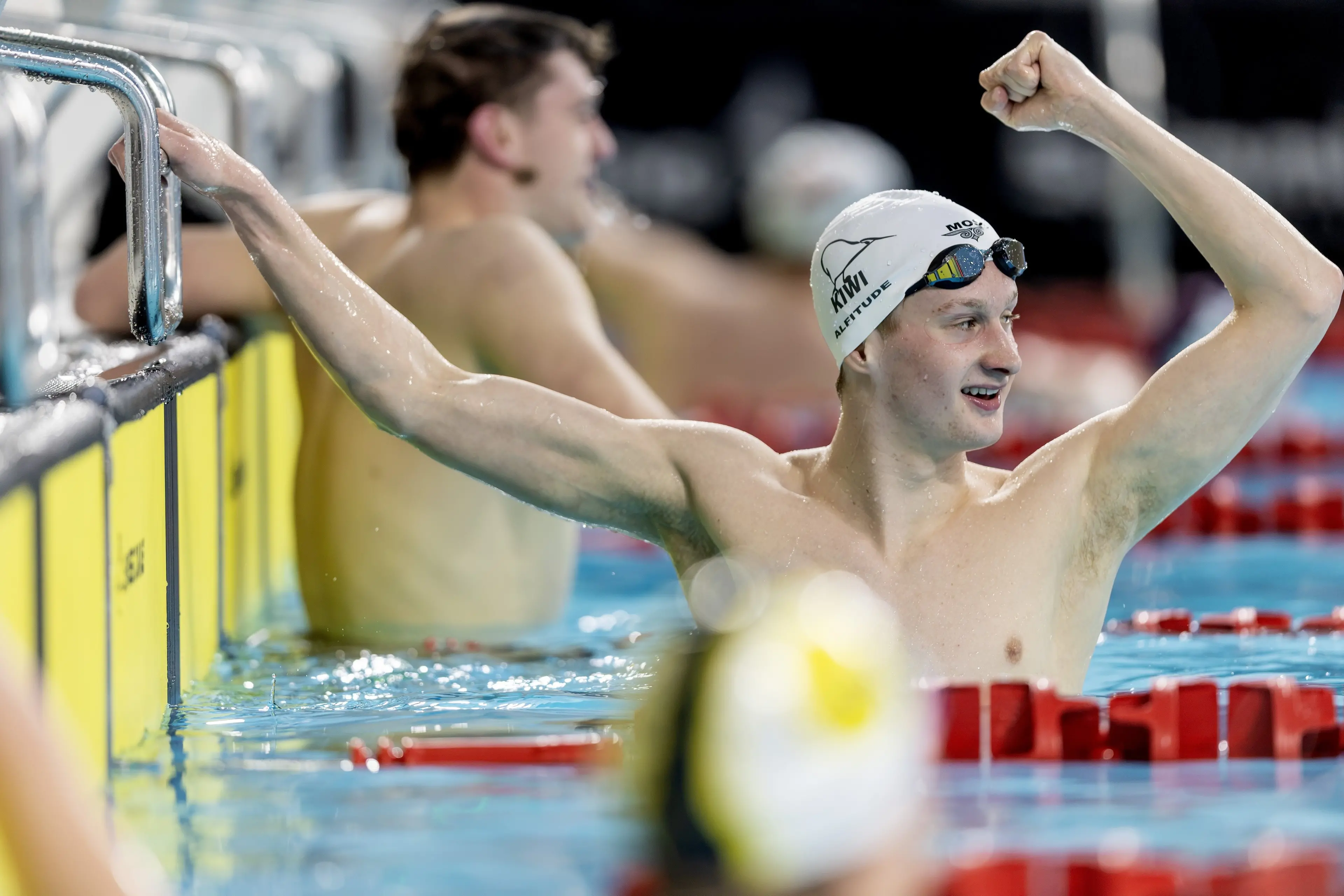 Alfie Weatherston Harvey celebrates after winning the 800m freestyle title at the New Zealand short course championships. Photo: BW Media