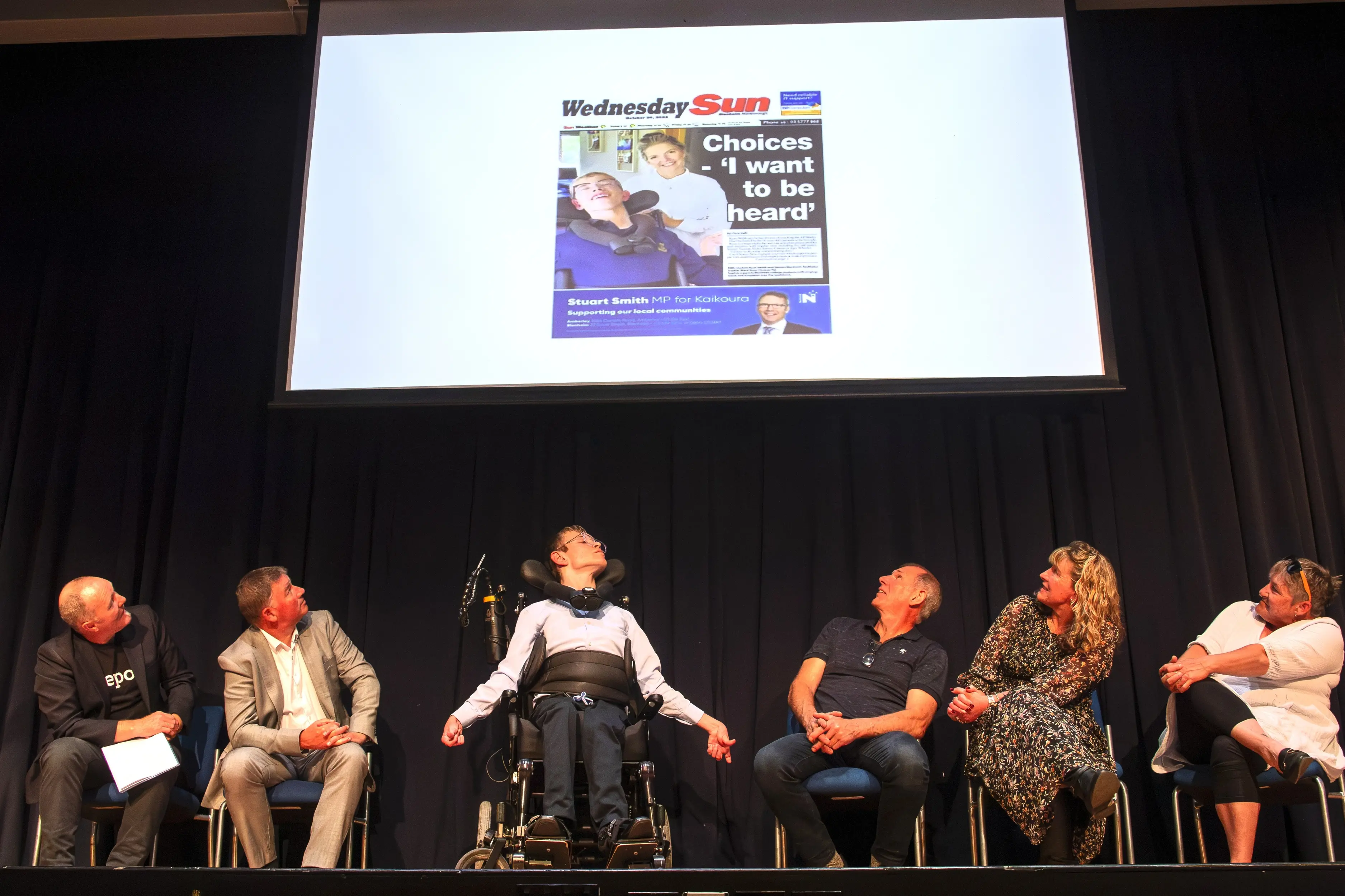 Ryan is grateful to all the people in his life who have helped make the book a reality. From left: Chris Valli, Glenn Kirby, Ryan Webb, Neil Webb, Kate Webb and caregiver Tracy Jowers. Photo: Anne Gaelle.