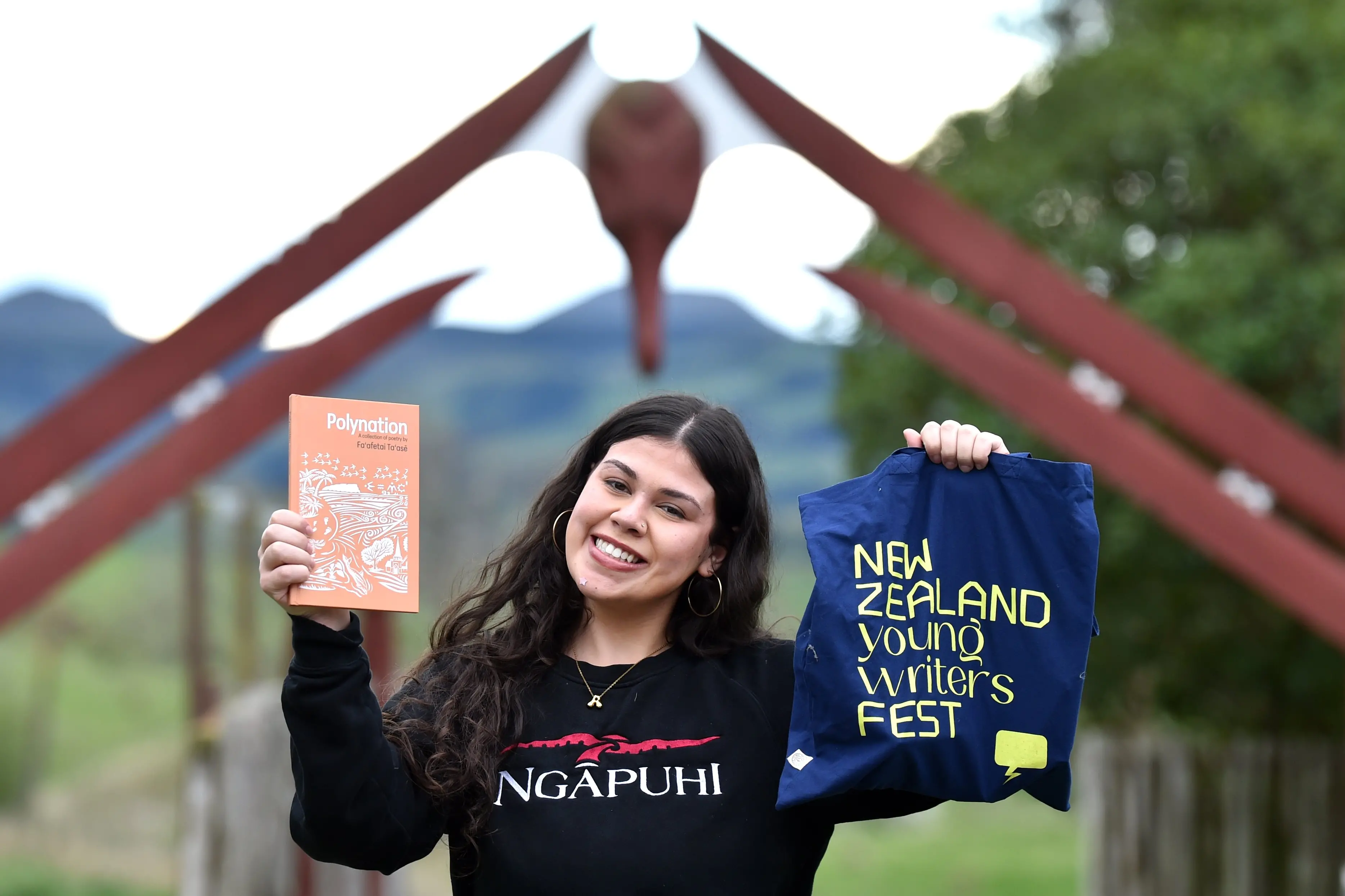 Te Awhireinga Heperi 22 of Dunedin during the New Zealand Writers Festival at Puketeraki Marae on Friday. Photo: Peter McIntosh