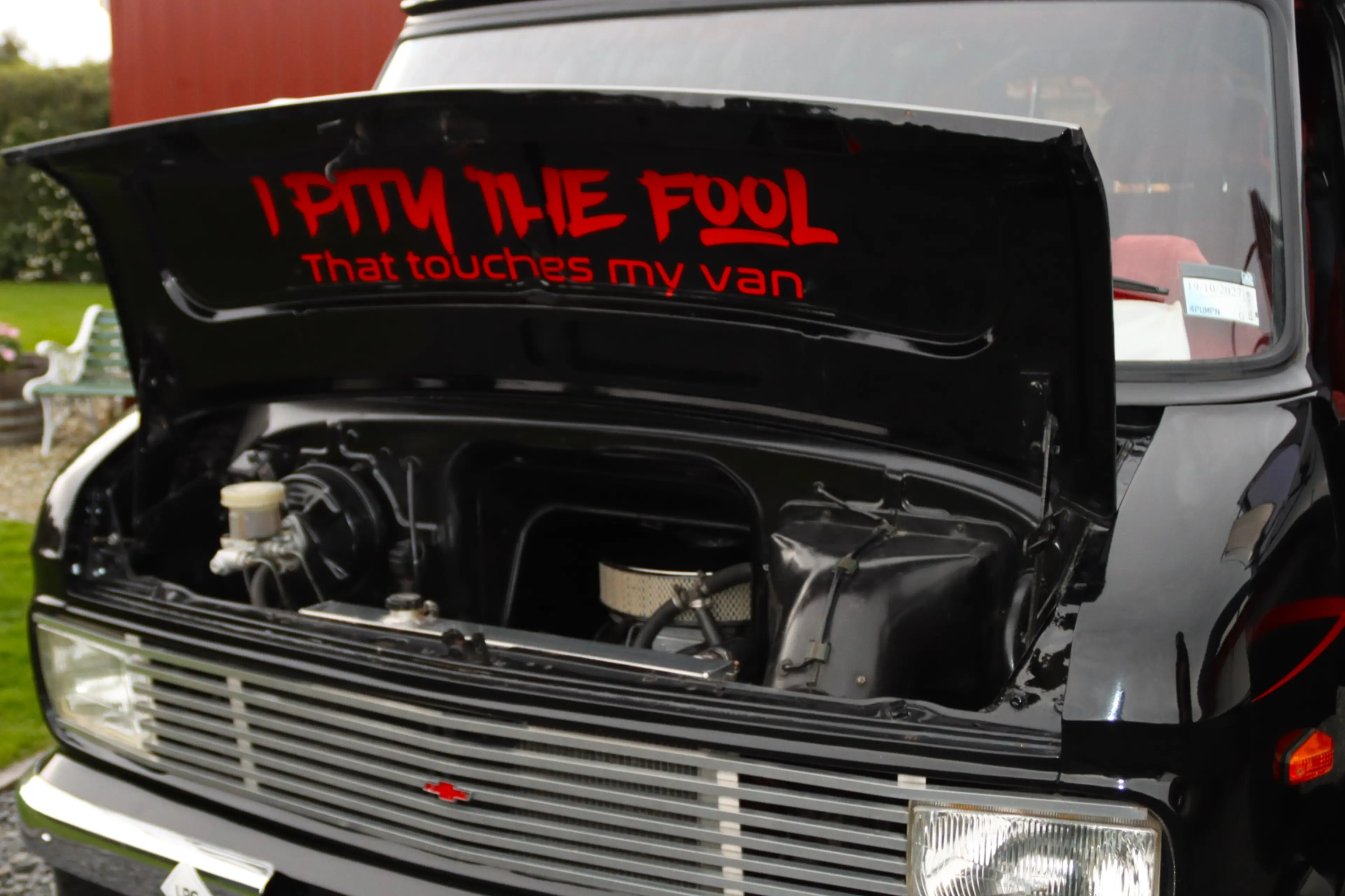 A play on the catchphrase of Sergeant First Class Bosco \\'B.A.\\' Baracus is revealed under the hood. Photo: Sam Henderson