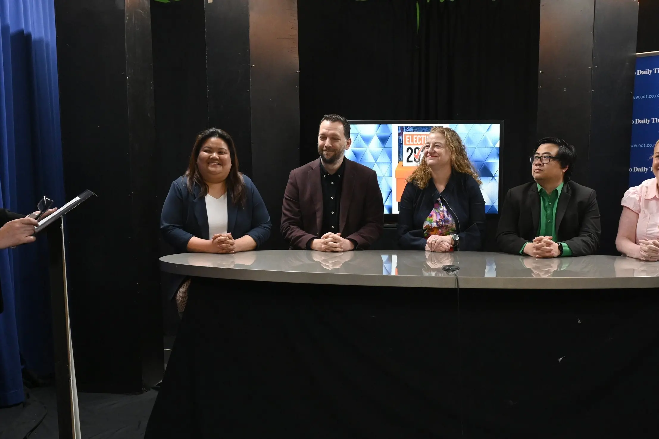Dunedin electorate candidates (from left) Kristine Asuncion (National), David Bainbridge-Zafar (Opportunity), Rachel Brooking (Labour), Francisco Hernandez (Green) and Kym McDonald-King (New Zealand First) listen as Otago Daily Times political editor Mike Houlahan sets out the rules for the ODT election debate. Photo: Linda Robertson