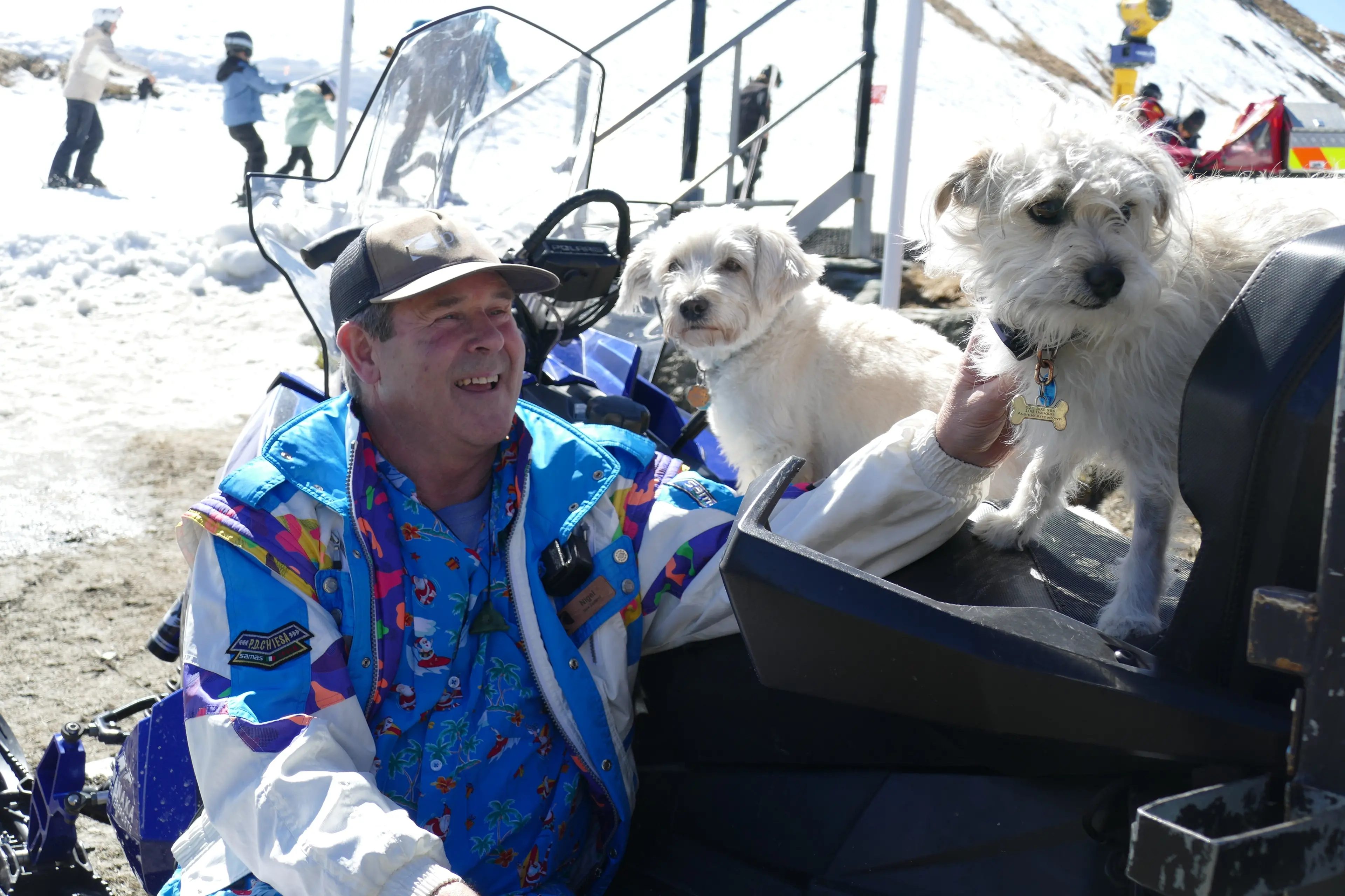 Coronet Peak ski area manager Nigel Kerr\\'s, with his dogs Oscar, left, and Winston, is pictured during Sunday\\'s closing day for the 2026 season. Photo: Tracey Roxburgh