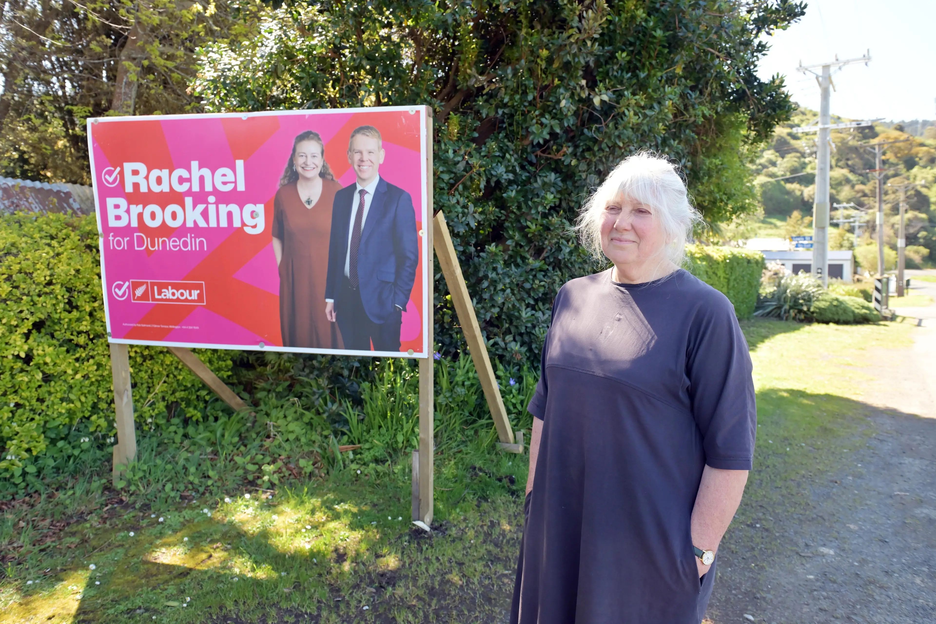 Deborah Bay resident Marian Poole was alarmed when an election hoarding for Dunedin electorate independent candidate Benedict Ong appeared in front of her residence without her permission. She dismantled the hoarding and asked him to take it away. The billboard for the Labour Party was there with her consent.  Photo: Gerard O\\'Brien