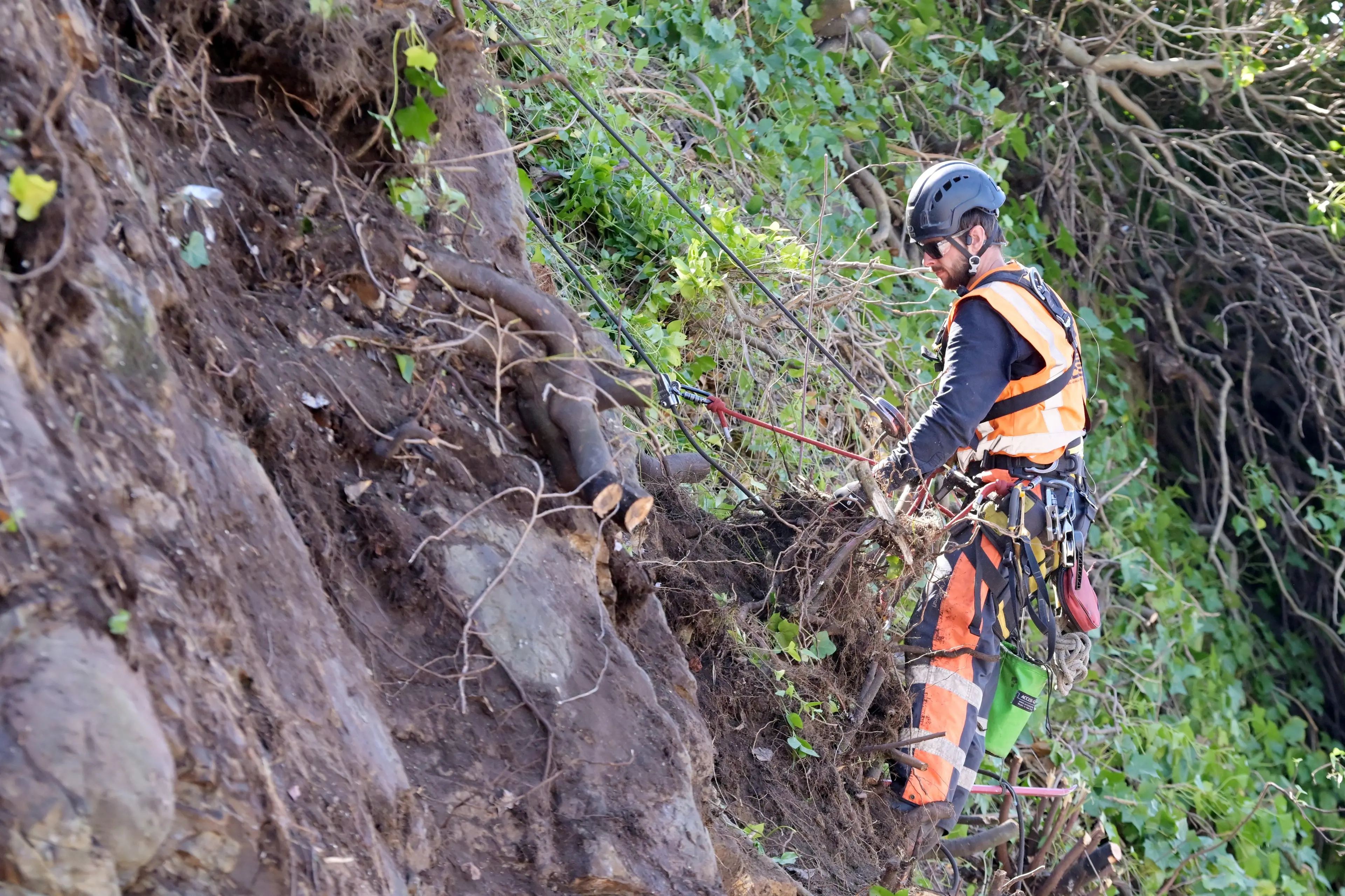Josh Parker, from Peak Rope Access, removes vegetation from the cliff face of Bell Hill, in an area that was once the city\\'s foreshore. Photo: Gerard O\\'Brien