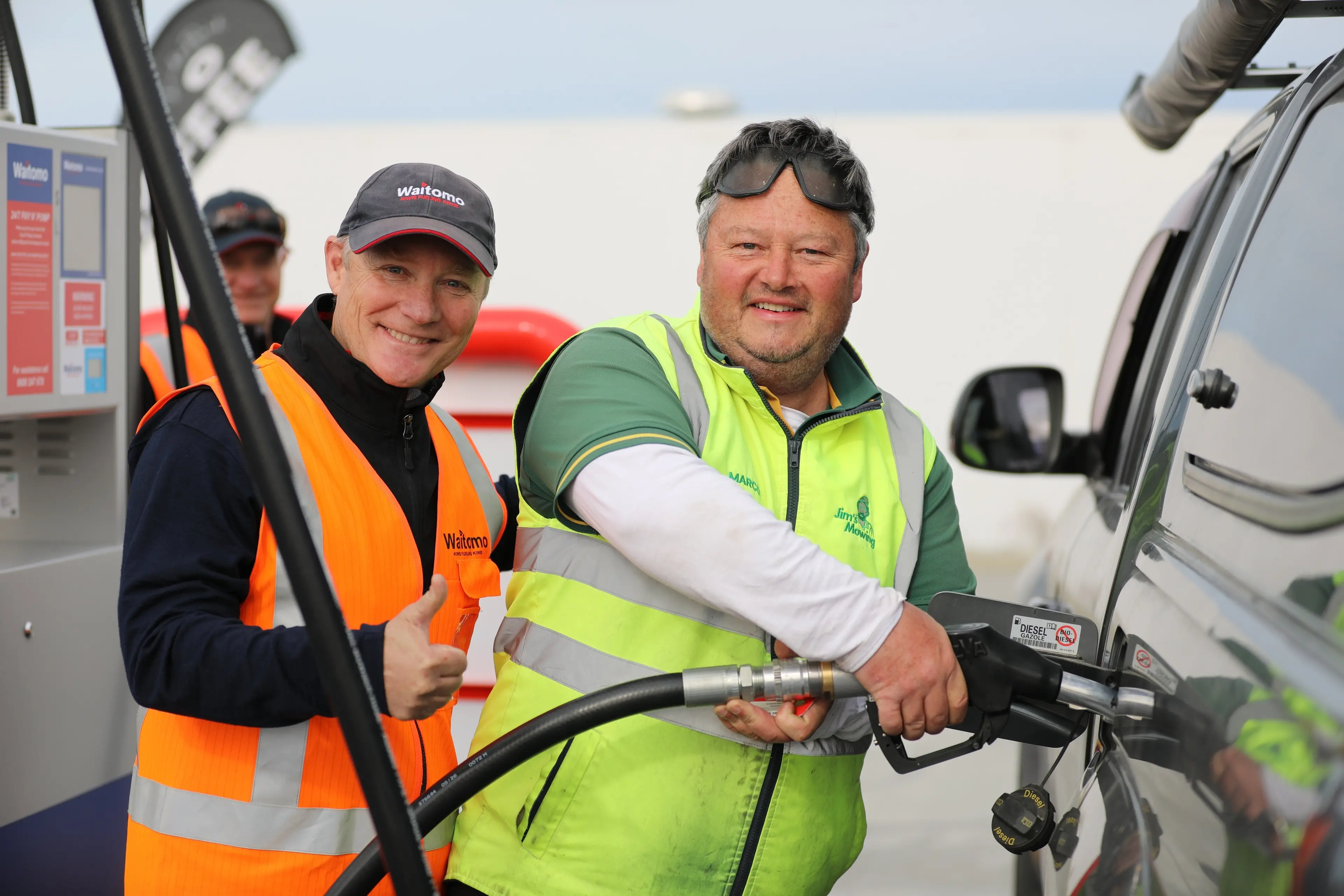 Marcos Mink from Jim\\'s Mowing was the first customer to fill up at the new Waitomo Fuel Station on Tuesday. Photo: Heather Mackenzie