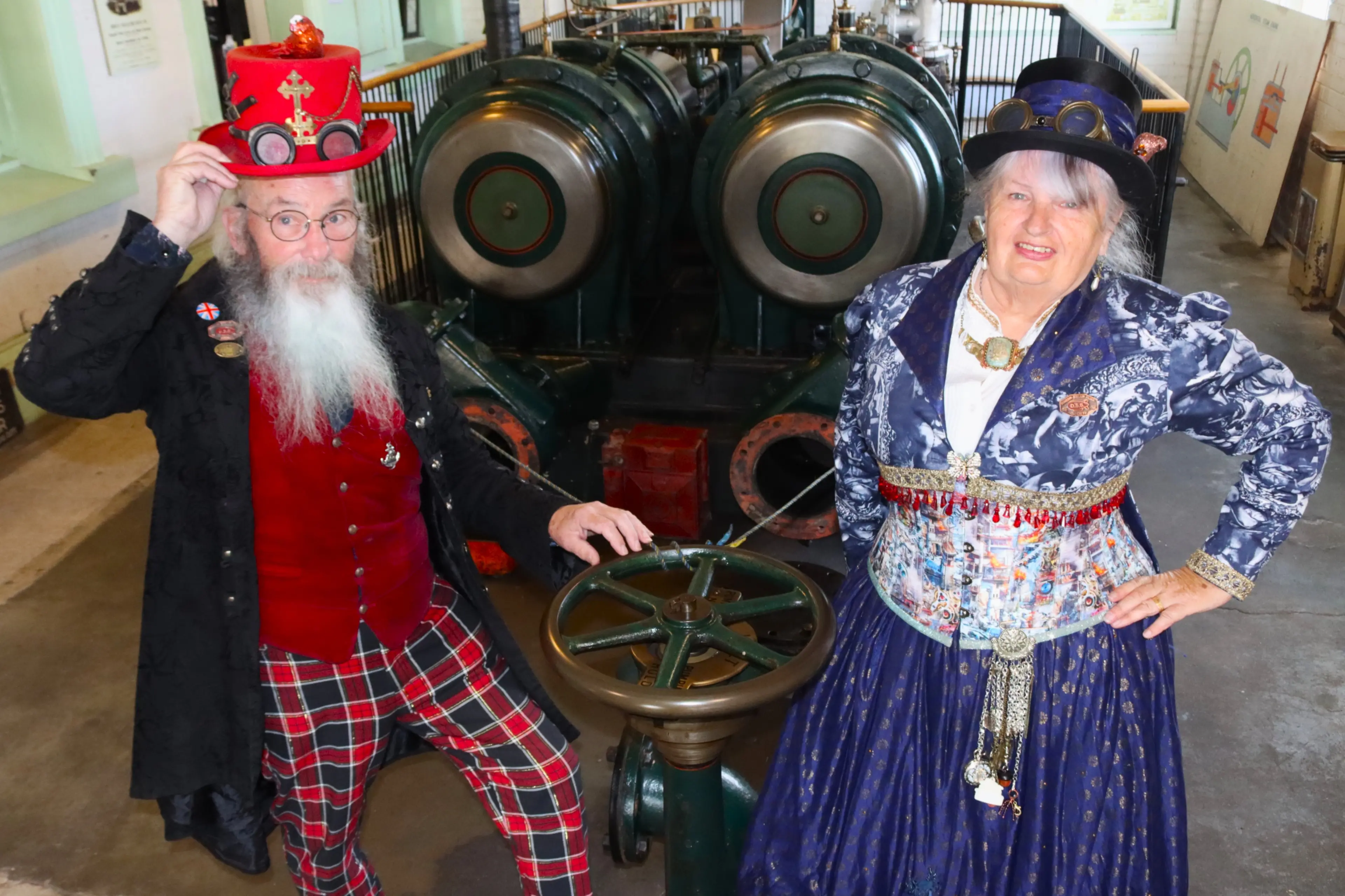 Dunedin Steampunk Society members, husband and wife James and Helen Bryan are looking forward to celebrating Victorian engineering in the form of the Bryan Donkin booster engine. Photo: Sam Henderson