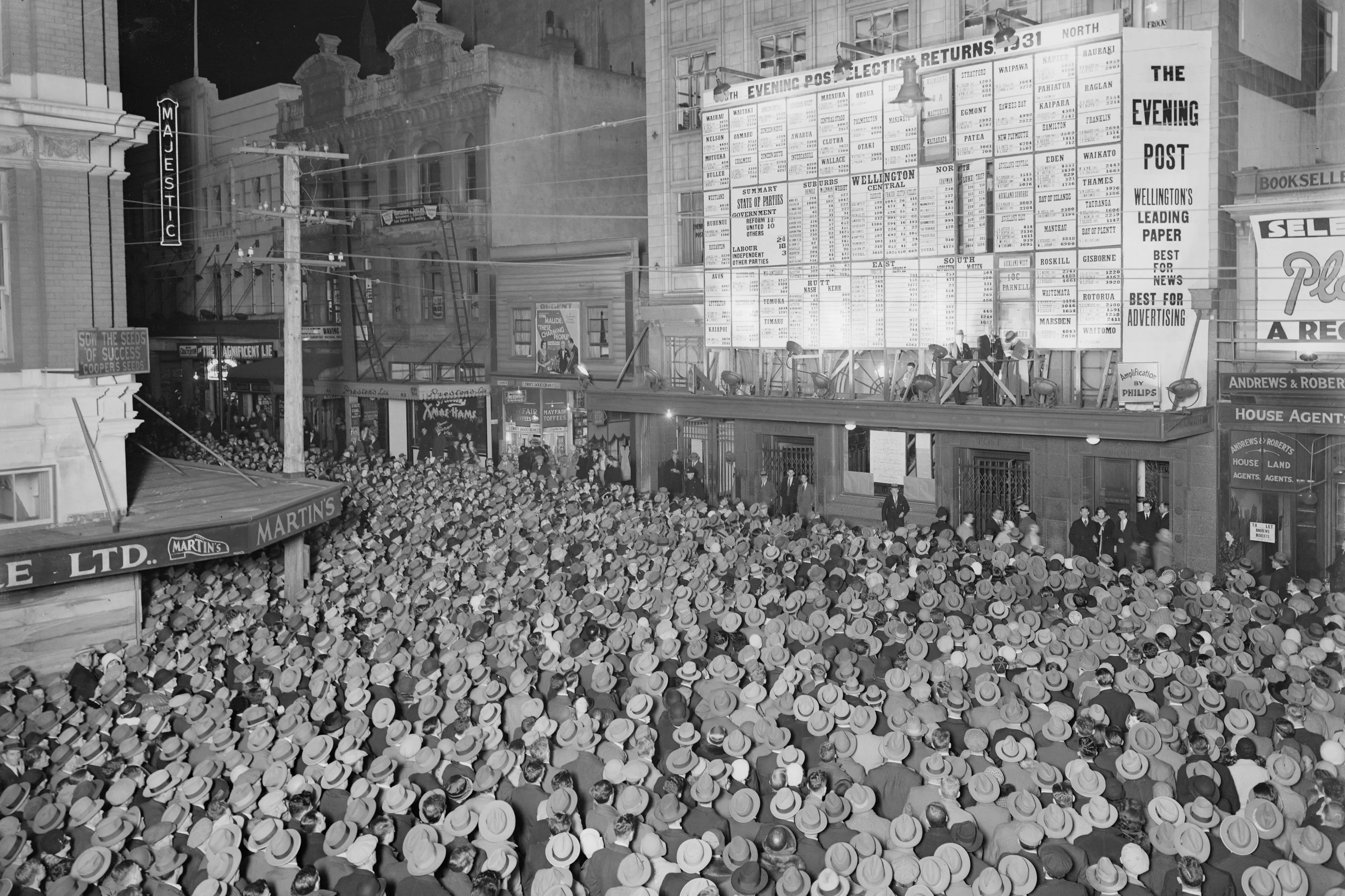 The way elections were: crowds in Willis St, Wellington await the results of the 1931 general election outside the Evening post building. Photo: ODT Files