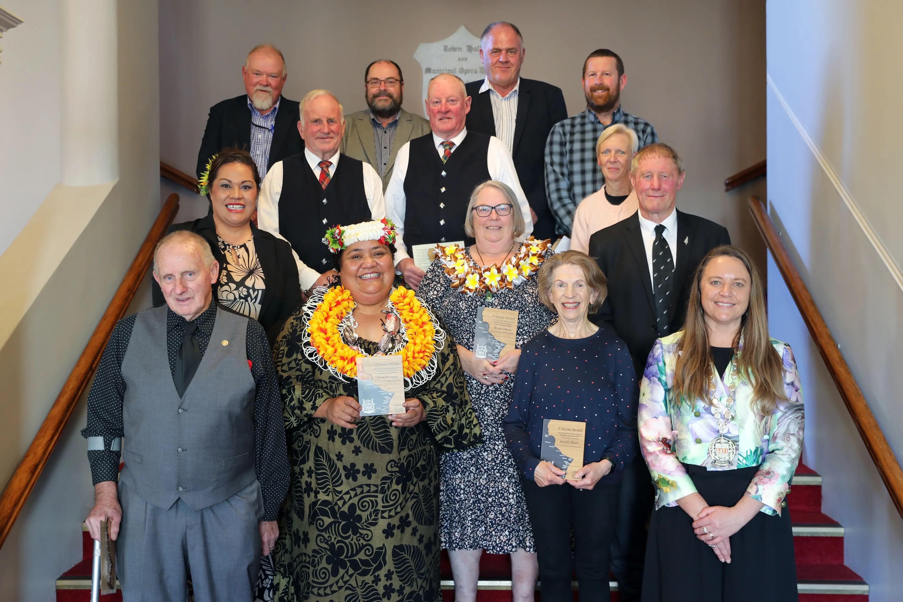 Pictured at the Waitaki Citizens Award ceremony last week are (front row, from left) Harry Andrew, Silou Temoana, Jennifer Black, Mayor Mel Tavendale, (second row from left) Cr Hana Fanene-Taiti, Wendy Havea, Lloyd Smith, (third row, from left) Hugh Matheson, Rodney Elder, Waihemo Community Board chairwoman Heather McGregor, (back row from left) Cr Frans Schlack, Cr Dan Lewis, Cr John McCone and Cr Sven Thelning. Photo: Waitaki District Council