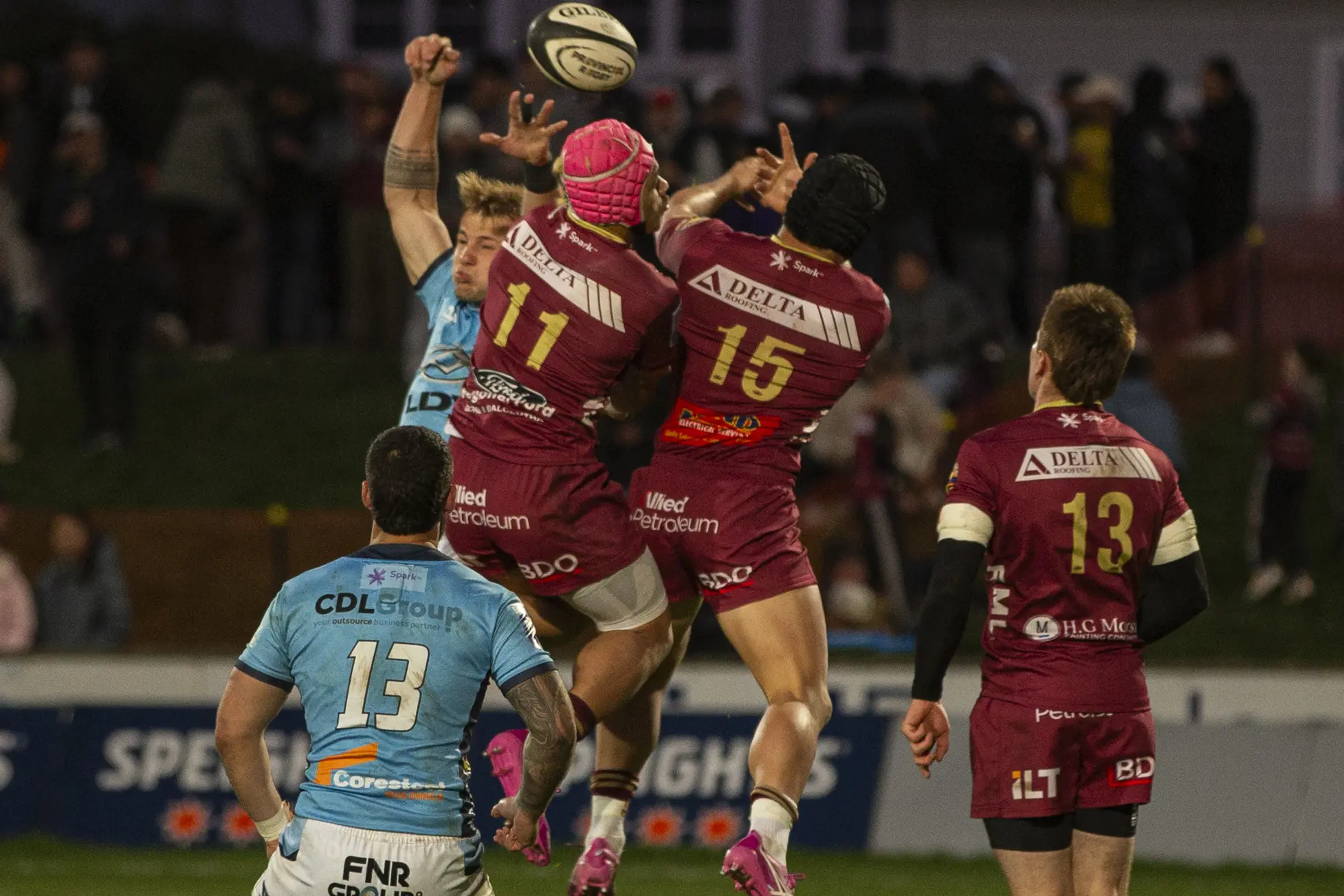 Leaping for the high ball are (from left) Northland wing Nathan Salmon and Southland players Denzel Samoa and Glen Vaihu. Photo: Daryll Winter Photography
