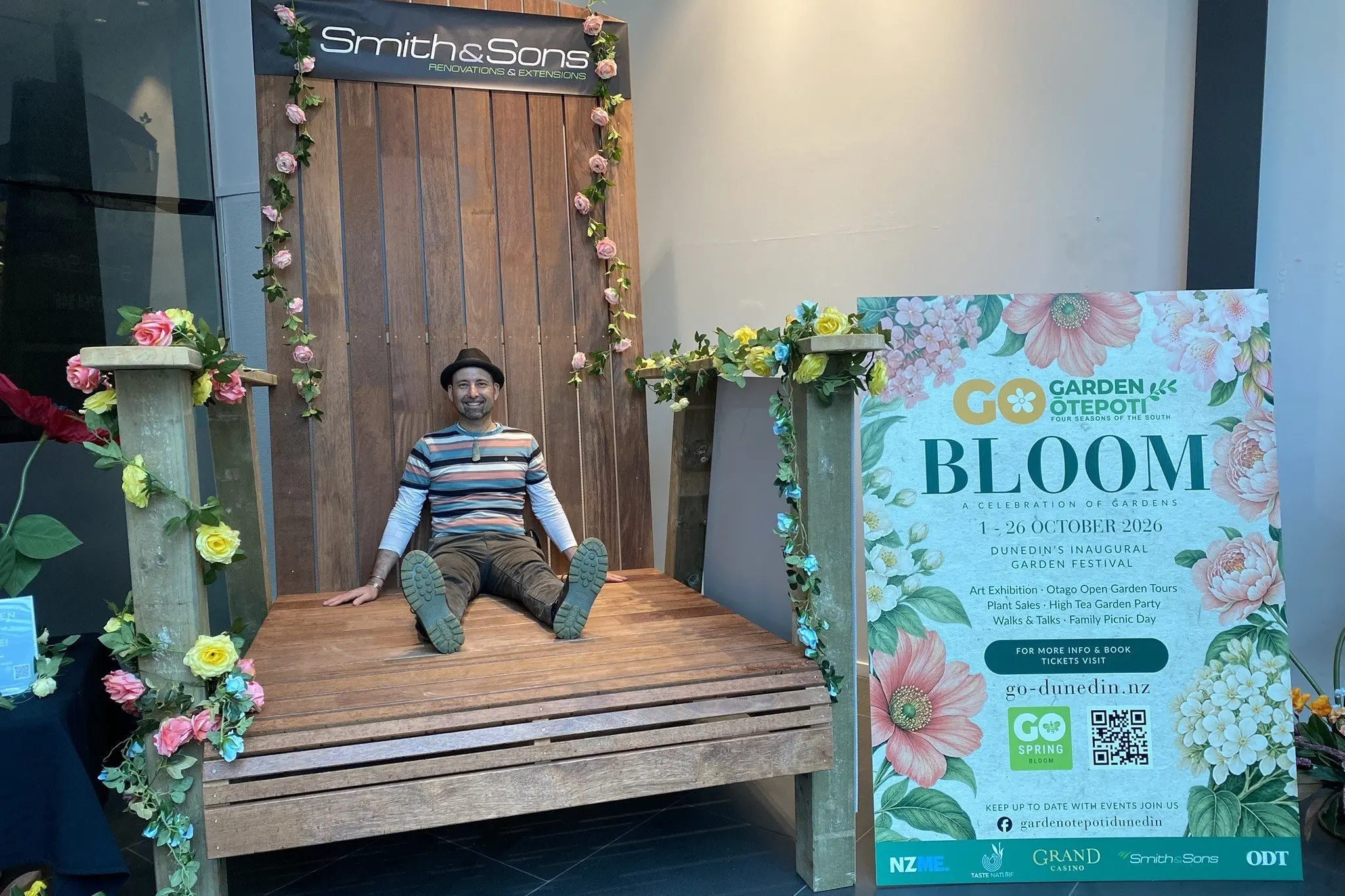 Garden \\u014Ctepoti (GO) Dunedin Festival director Clinton Chambers is dwarfed by the Alice in Wonderland-inspired Smith & Sons Garden chair, which will be at the Family Picnic Day on October 26 at Dunedin Botanic Garden. Photo: Brenda Harwood