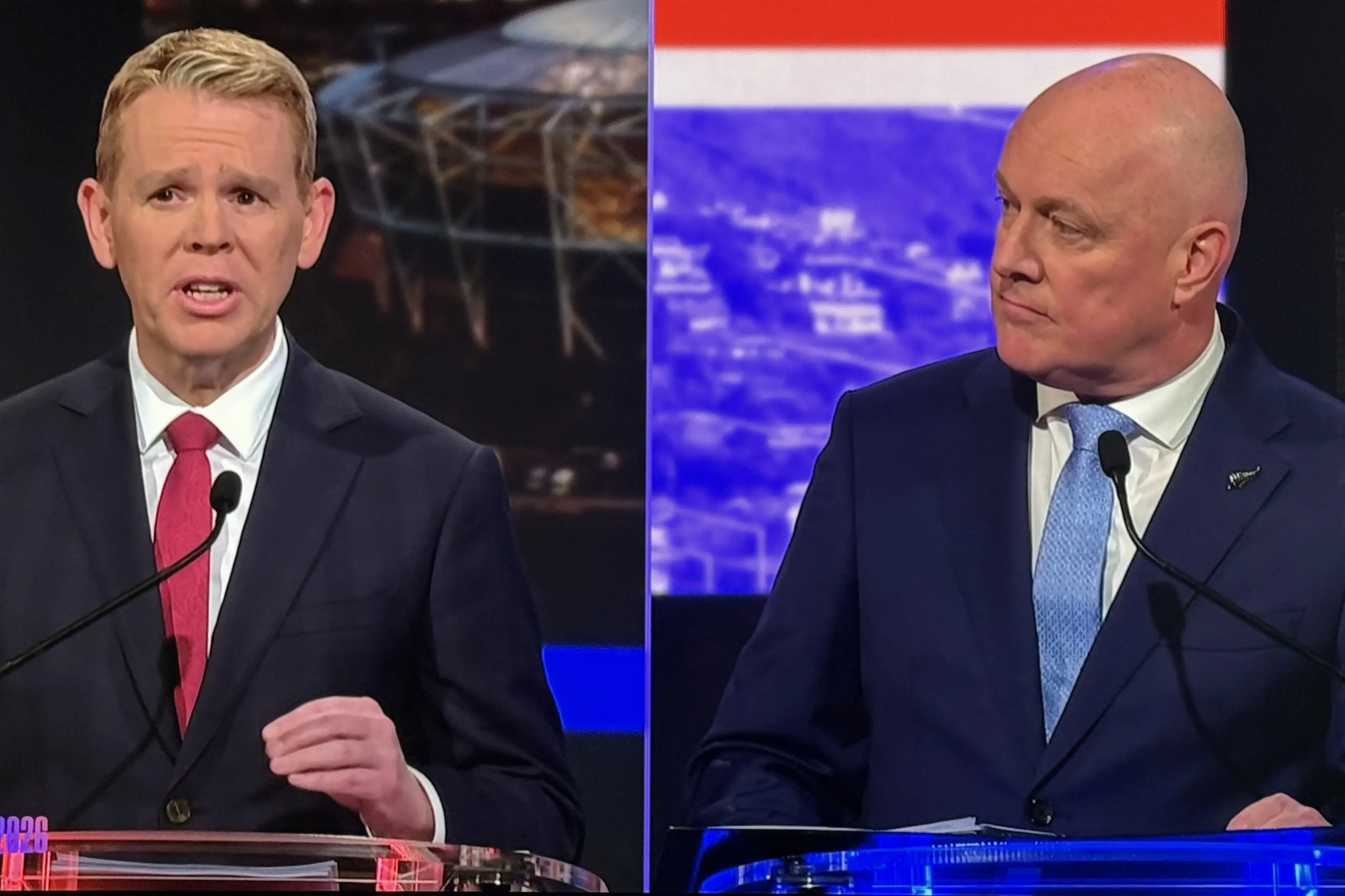 Chris Hipkins (left) and Christopher Luxon participate in a leaders\\' debate on Tuesday. Photo: 1News
