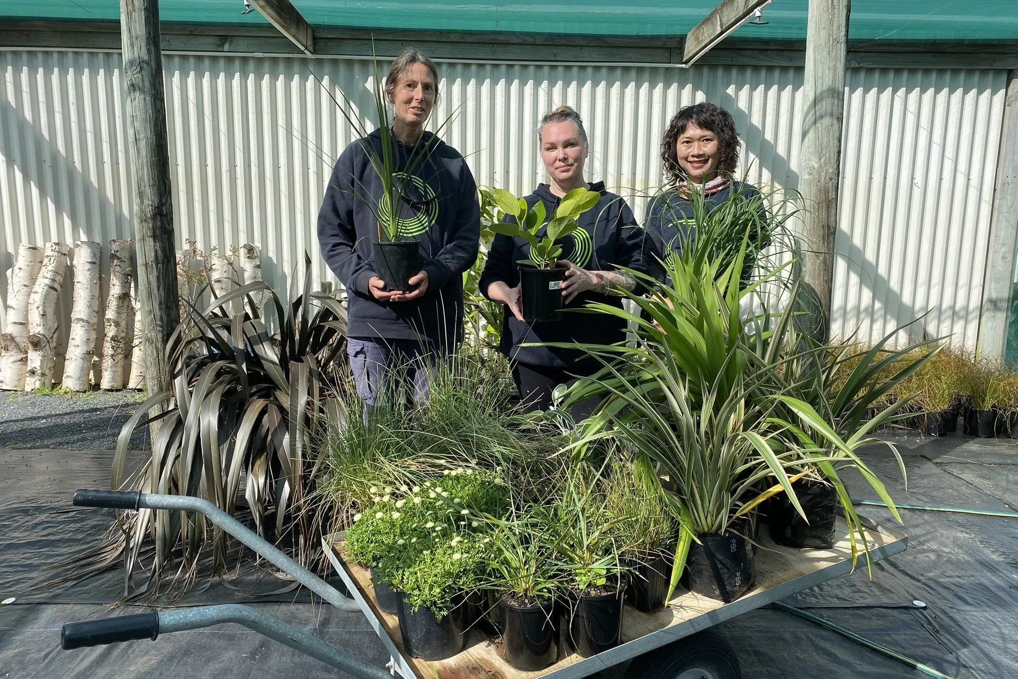 Otago Polytechnic Living Campus team members (from left) Lea Renwick, Vicky Appleby, and Jet Innanchai are shown with some of the many plants grown at the polytechnic\\'s nursery ready for next Wednesday\\'s \"Living Market\" community event on campus. Photo: Brenda Harwood