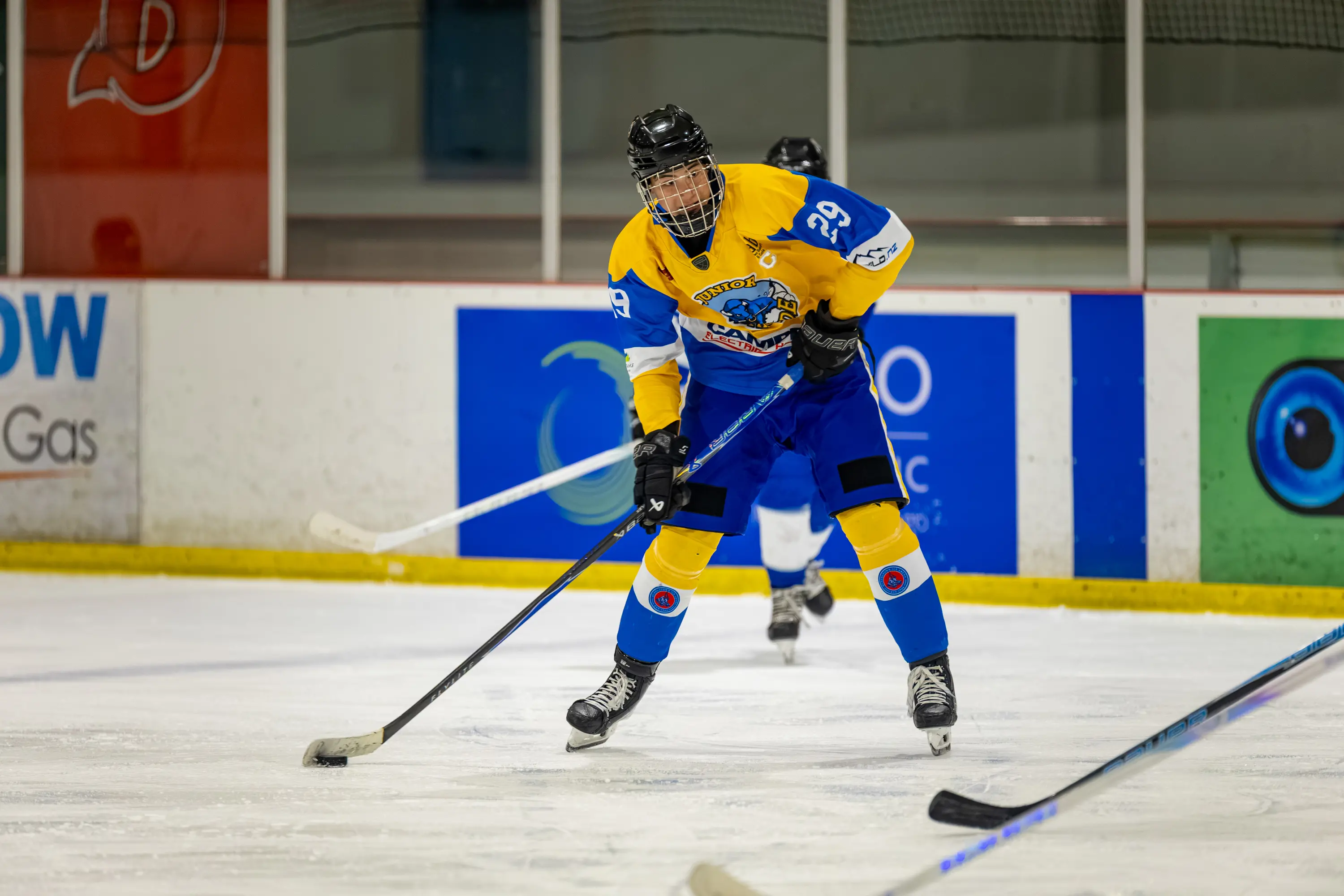 Southern Stampede player Raphael Guyot de la Pommeraye controls the puck during a game at the New Zealand age group tournament at the Dunedin Ice Stadium. Photo: Keaphotos