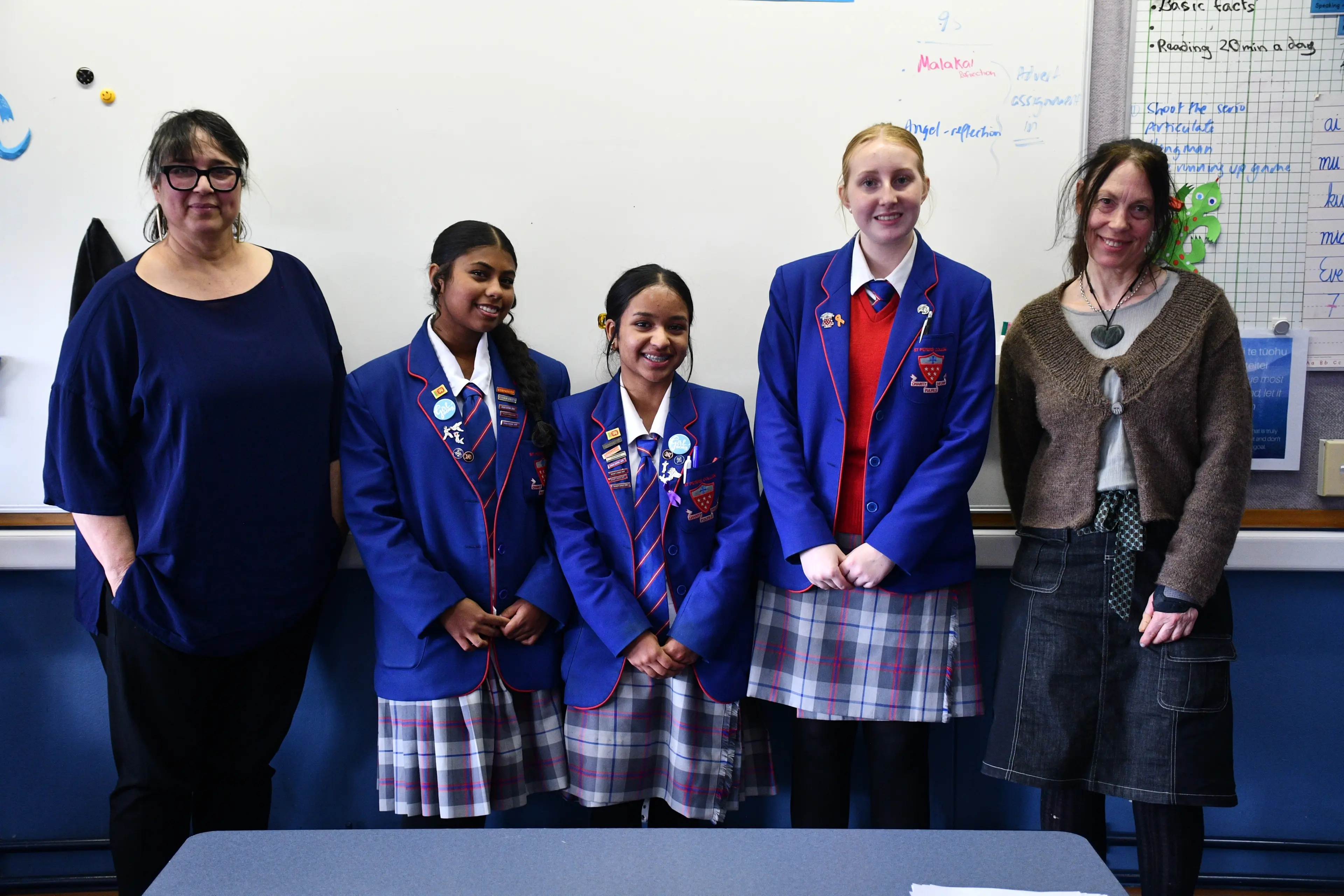 St Peter\\'s College Student Volunteer Army know the value of giving back to the Gore community, which includes (from left) co-ordinator Juliet Abrahams-Byars, students Sanuthi Pitigala, Rehansa Karunaratne, Serena Love, and co-ordinator Juliet Sorrel. Photo: Gemma Sinclair