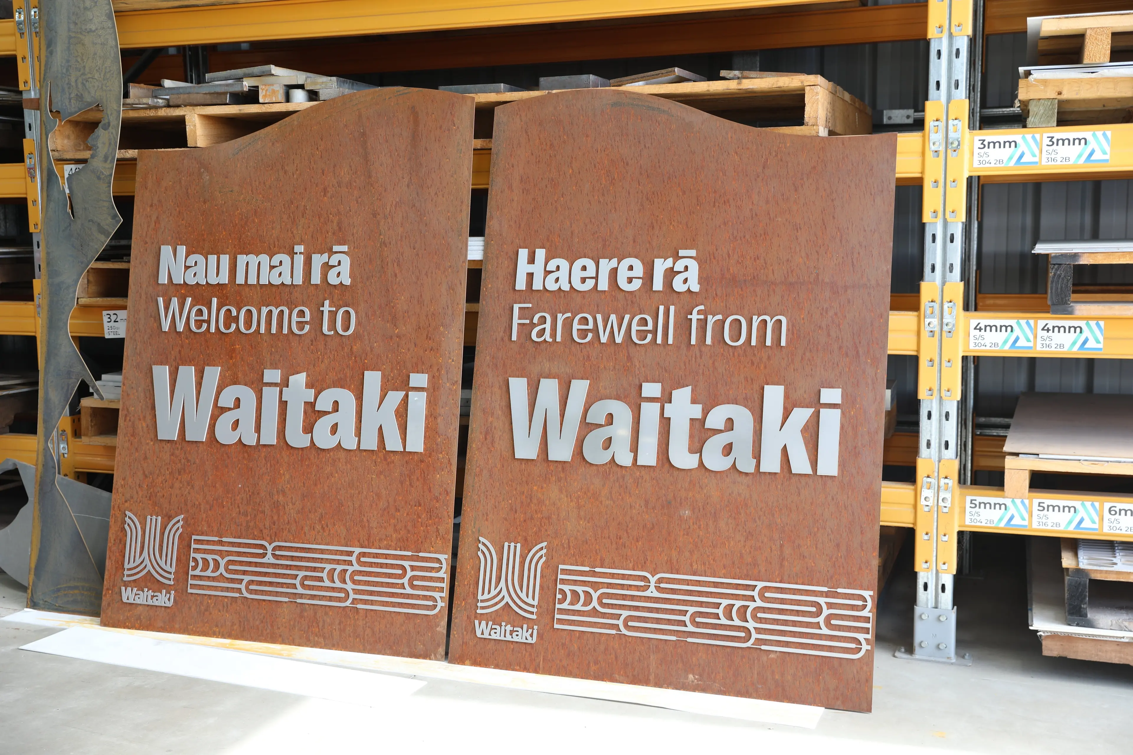 The new welcome and farewell signs for Waitaki in the AcuCut workshop in Oamaru. Photo: Supplied
