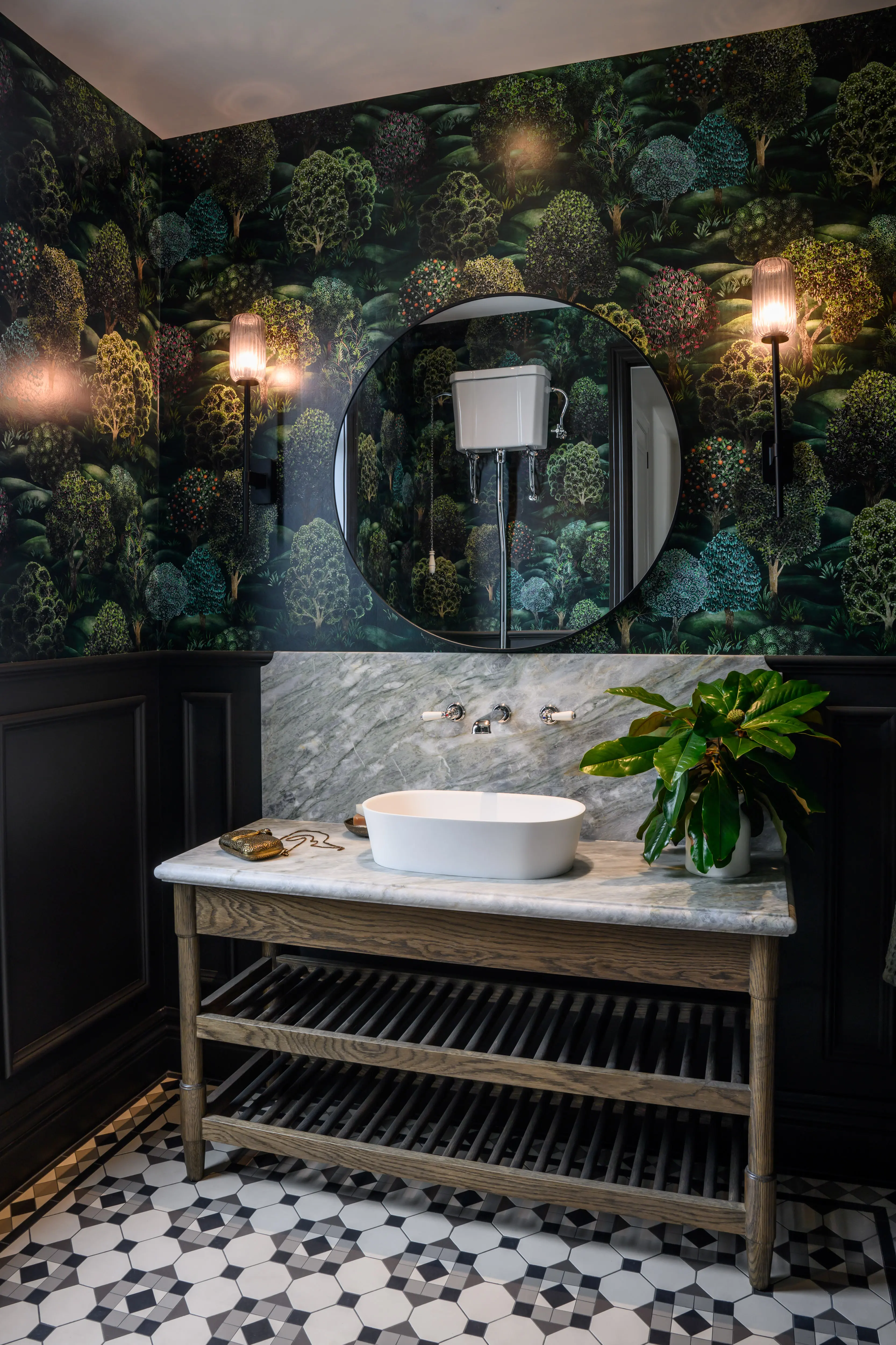 This Christchurch powder room is built around a marble-topped\\u00A0vanity that was inspired by a traditional washstand.\\u00A0Design: Detail by Davinia Sutton. Photo:\\u00A0Stephen Goodenough.