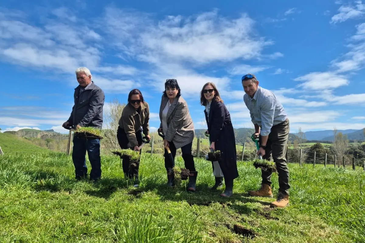 From left: The first sod being turned by Toro Waaka, chairman Ngati Pahauwera Trust, Adele Small theCEO of Maungaharuru-Tangitu Trust, MPs Dana Kirkpatrick and Katie Nimon, and Wairoa District Councillor Jeremy Harker. Photo: RNZ