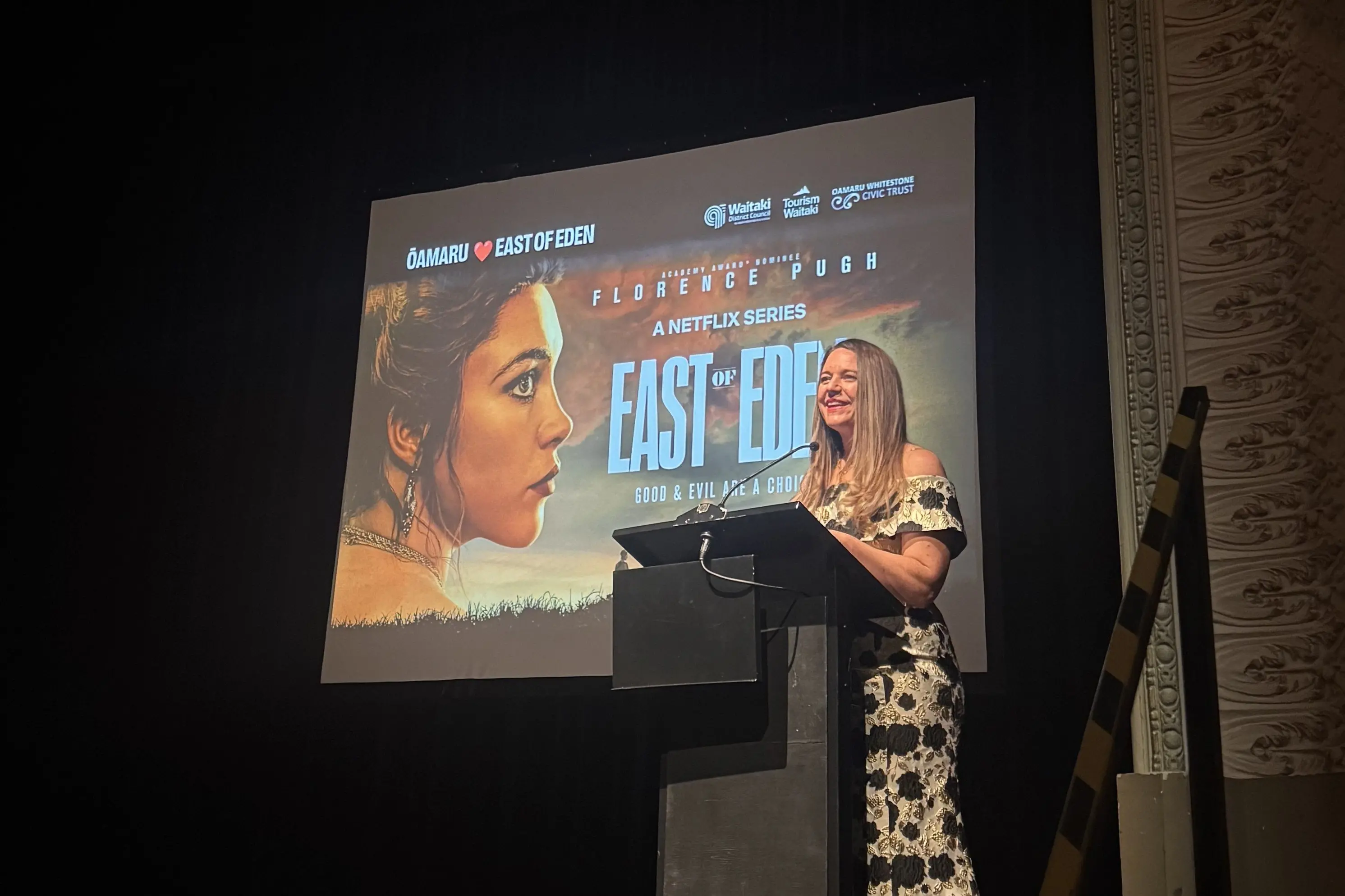 Waitaki Mayor Mel Tavendale at the Wednesday evening screening of East of Eden at the Oamaru Opera House. Photo: Supplied.