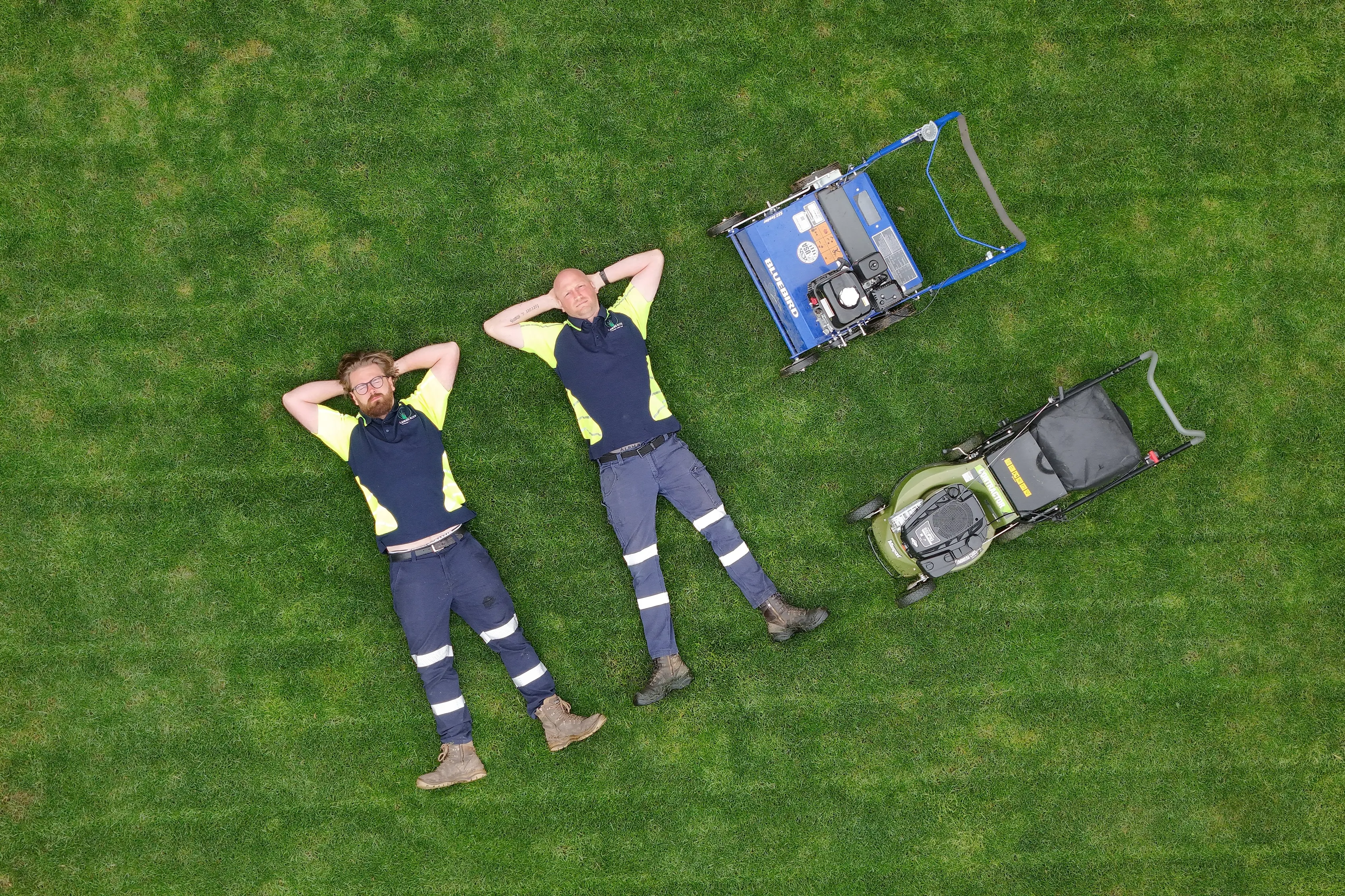 Lawns Elite Ltd owners Michael Johnstone (left) and Kyle Allum are hoping to draw Dunedin\\'s best lawns out from under the weeds by running the inaugural Dunedin Lawn Awards. Photo: Stephen Jaquiery