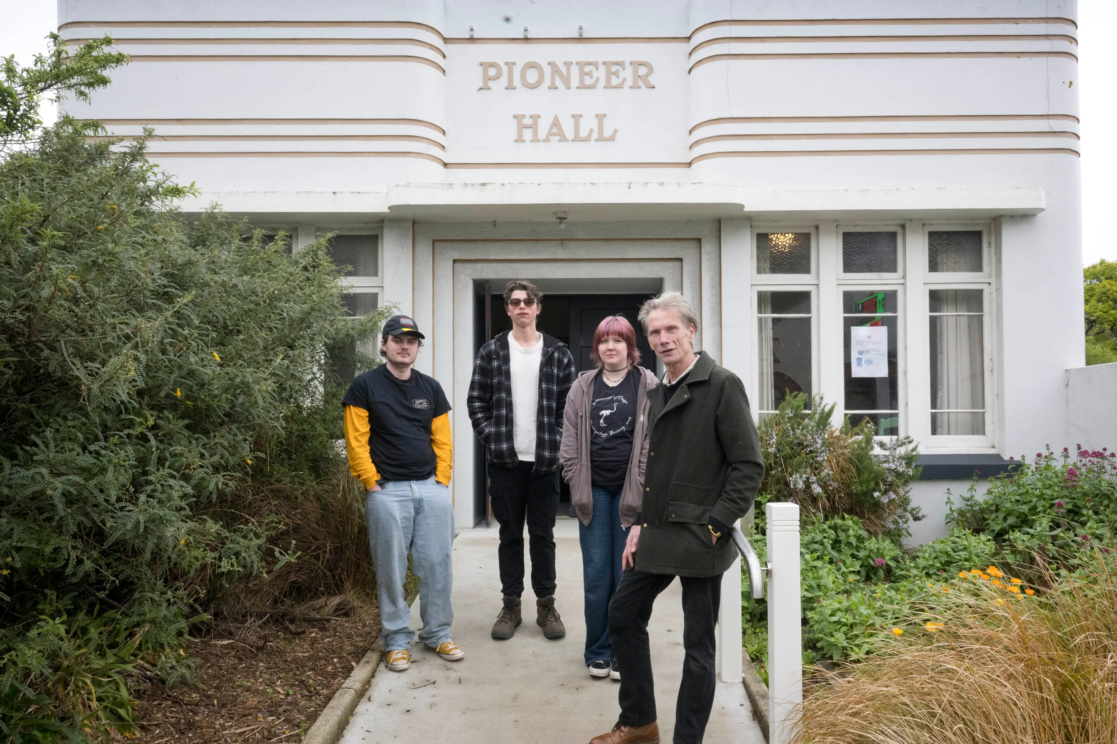 From left, Tane Cotton, Jonathan Lydiate, Marcy Allum and Jonathan Holloway are concerned that changes to the Port Chalmers bus service will affect the viability of gigs at Pioneer Hall. Photo: Gerard O\\'Brien