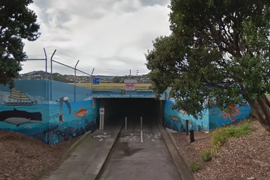 The pedestrian tunnel runs under Wellington Airport from Rongotai to Miramar. Image: Google Maps