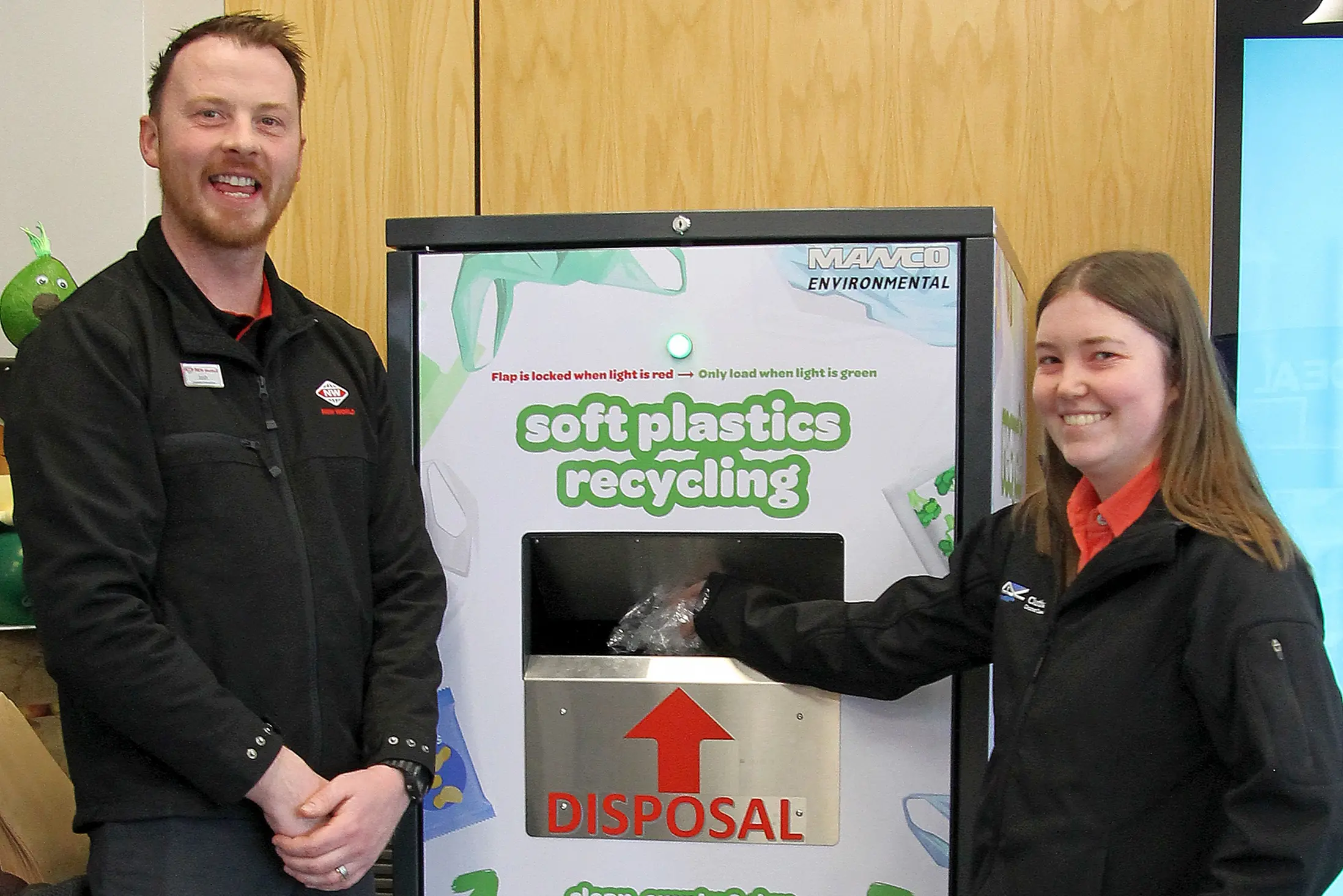 Balclutha New World supermarket owner Josh Lee and Clutha District Council waste minimisation officer Meghan Grant at Balclutha\\u2019s new recycling site. Photo: Nick Brook