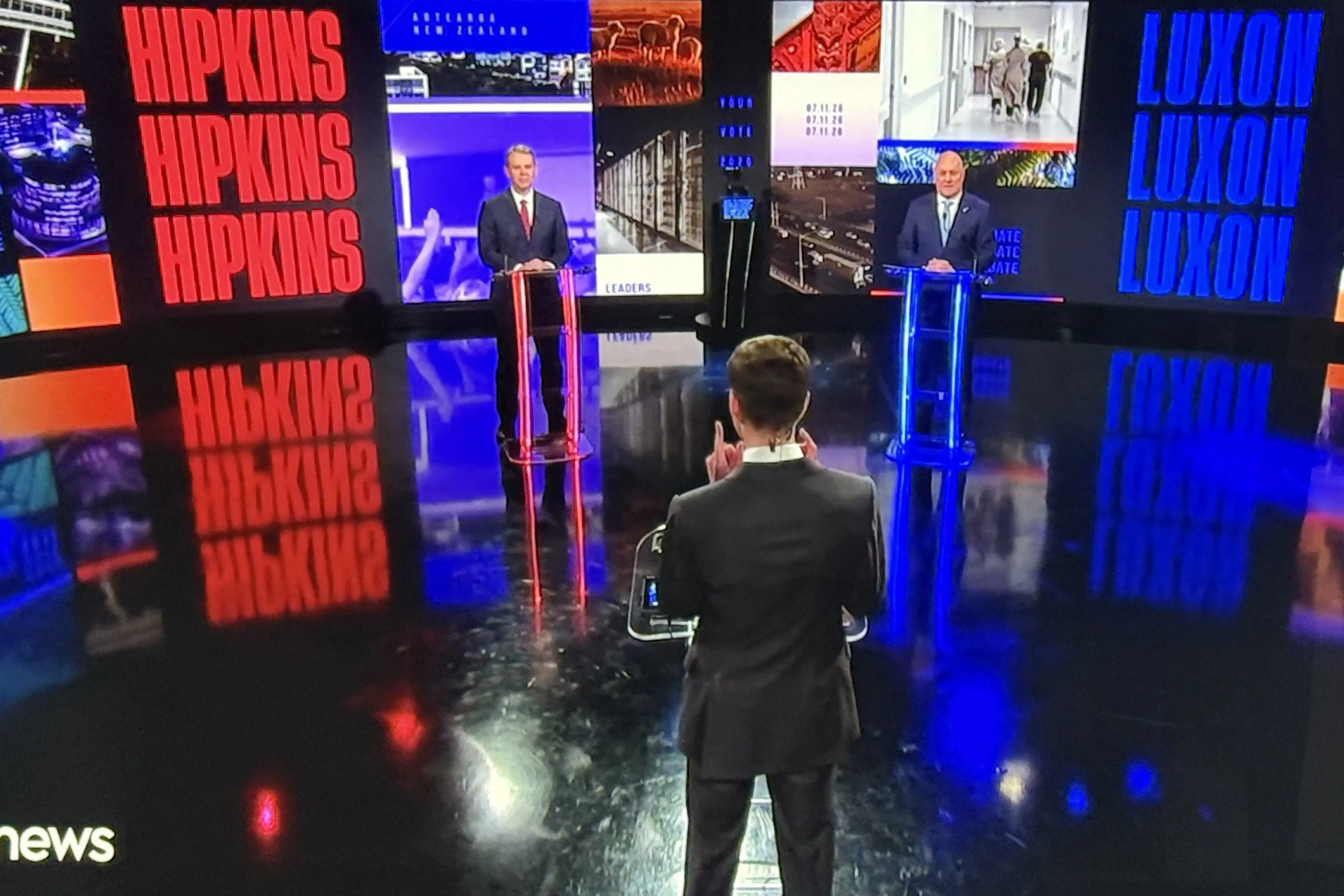 Please let it be over . . . Jack Tame hosts the first leaders debate between Chris Hipkins and Christopher Luxon.