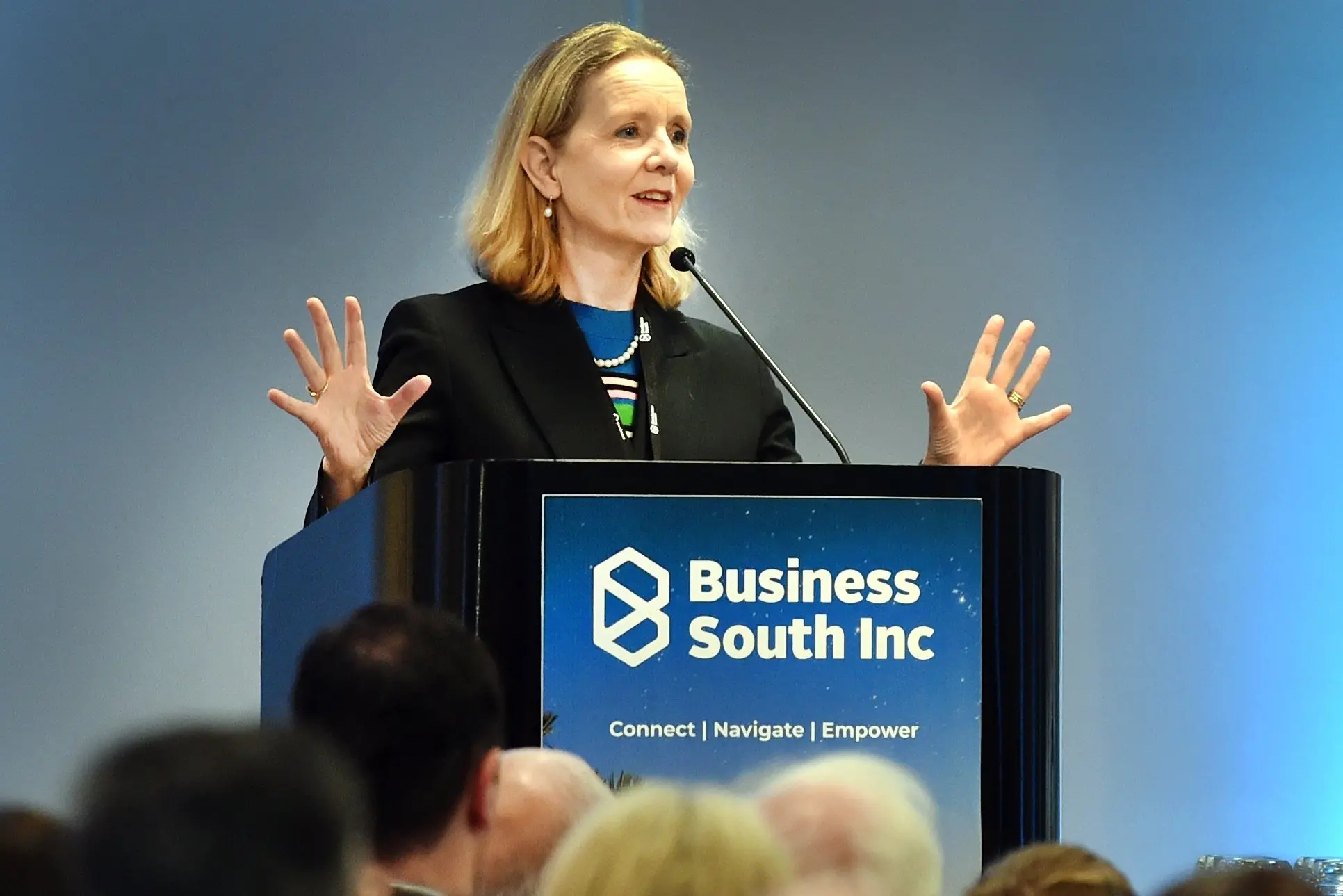 BusinessNZ chief executive Katherine Rich speaks at the 2026 Accelerate South Conference, hosted by Business South at the Dunedin Centre. Photo: Peter McIntosh
