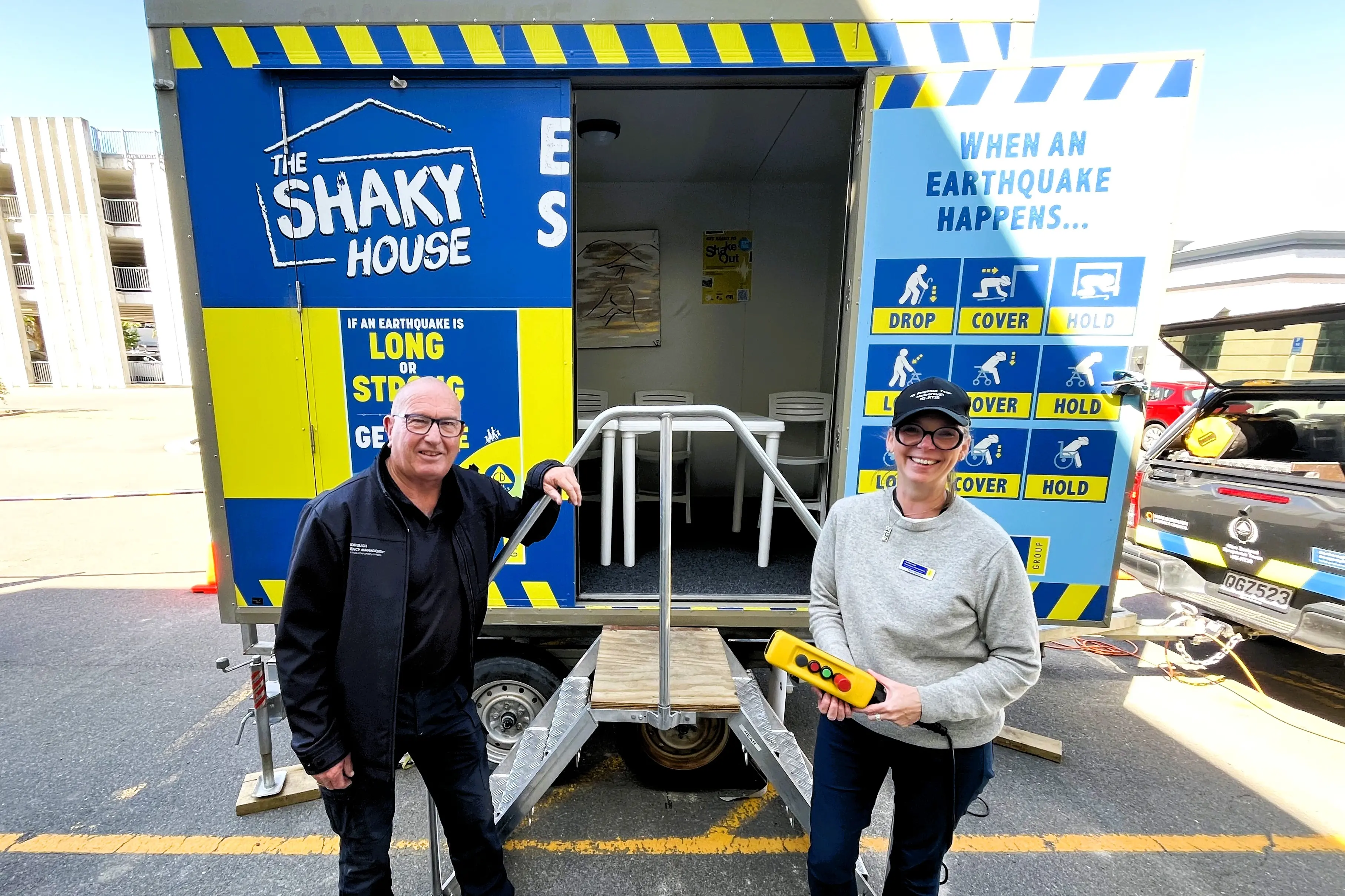 Marlborough Emergency Management\\u2019s Gary Spence and Nikki Hannan with The Shaky House which is designed to simulate an earthquake. Photo: Supplied.