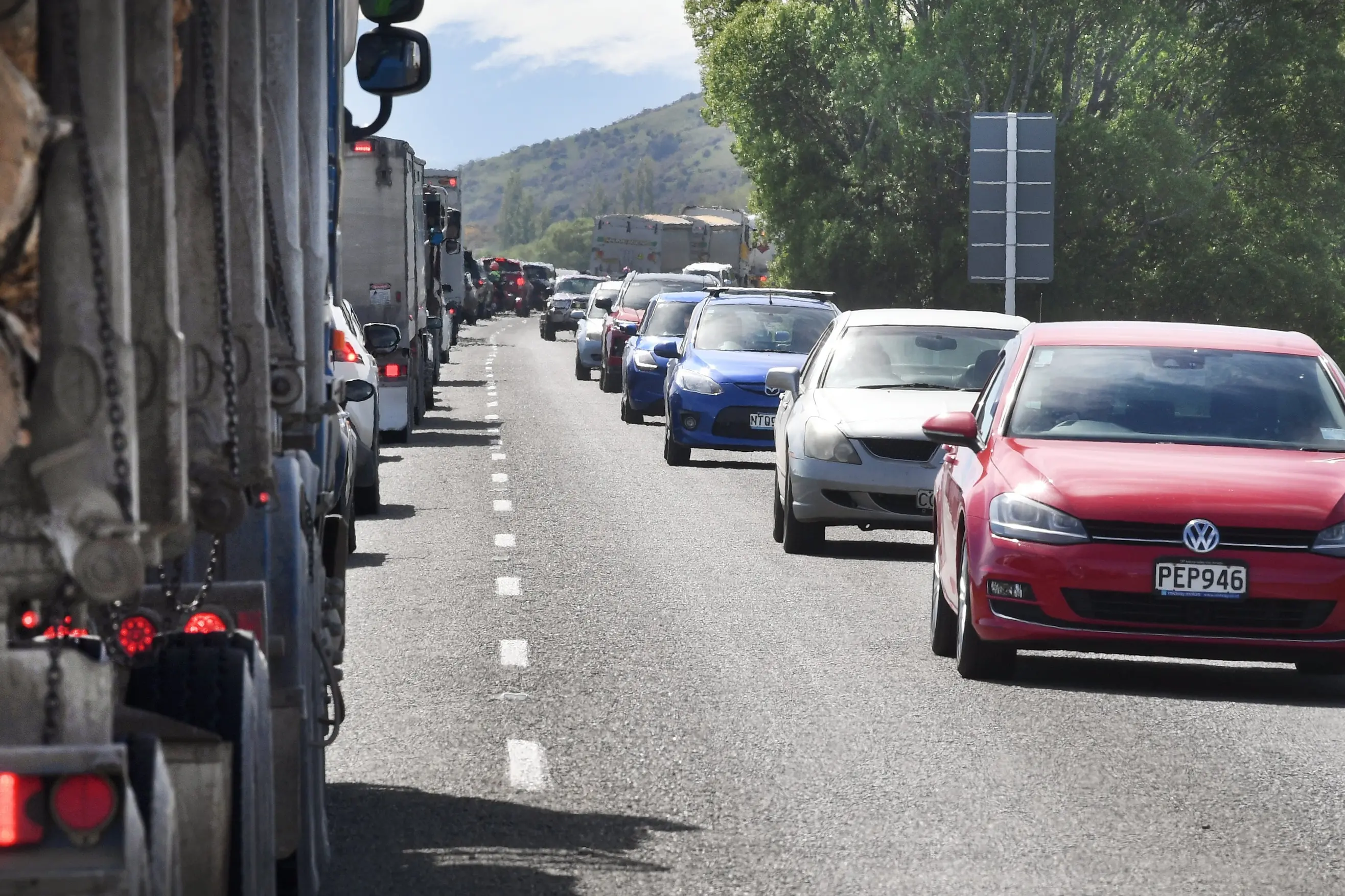 Traffic on SH1 near the Taieri River bridge on the flood-free faces months of delays as the road is resealed. Photo: Stephen Jaquiery