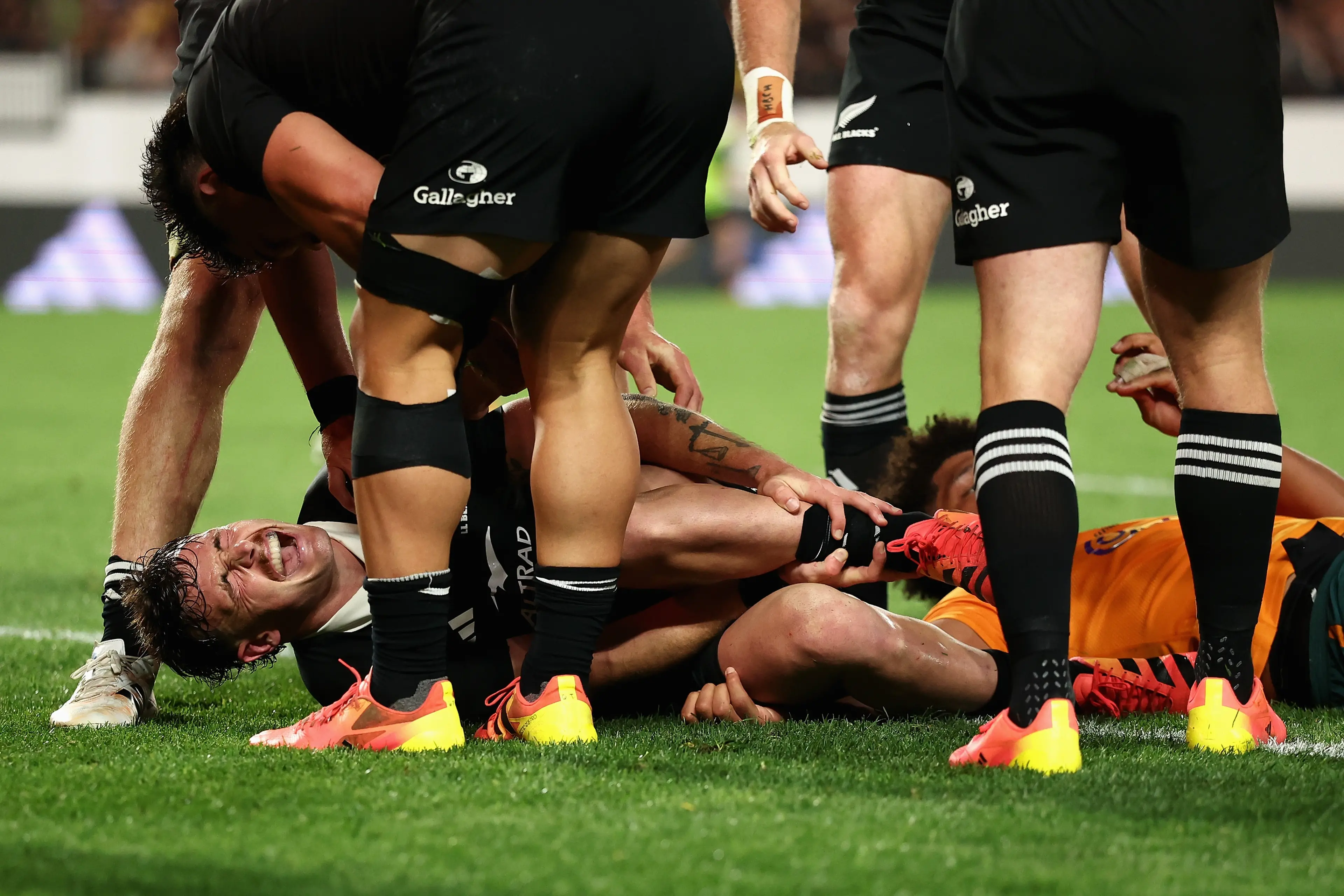 <p> </p>\\n\\n<p>Leroy Carter clutches his injured ankle after scoring a late try in the big win over the Wallabies at Eden Park on Saturday night. Photo: Getty Images</p>\\n
