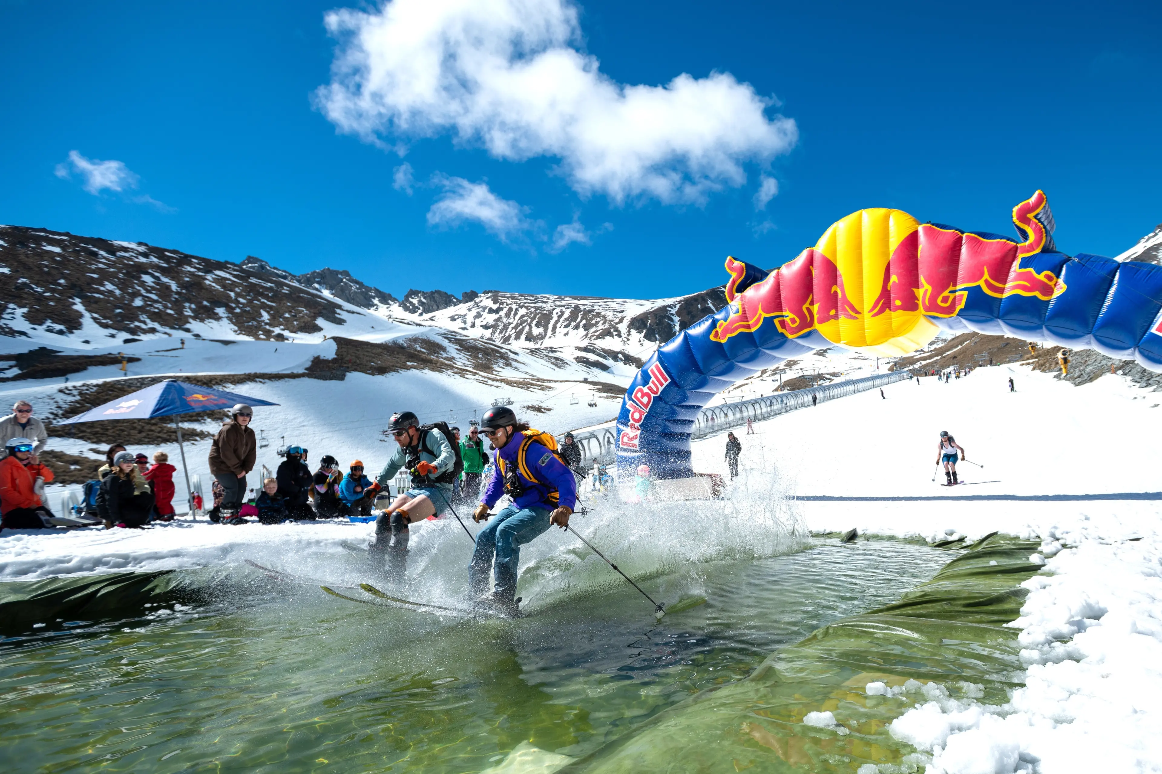 Jasper Brisk (left) and\\u00A0Sam Jansen\\u00A0nail the pond skim during closing day at The Remarkables ski area on Sunday. Photo: NZSki