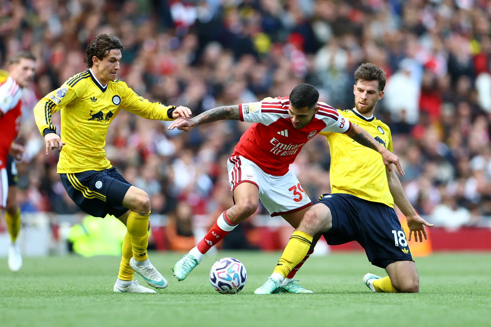 Arsenal\\'s Bruno Guimaraes in action with Leeds United\\'s Anton Stach at the Emirates Stadium in London on Sunday. Photo: Action Images via Reuters/Peter Cziborra