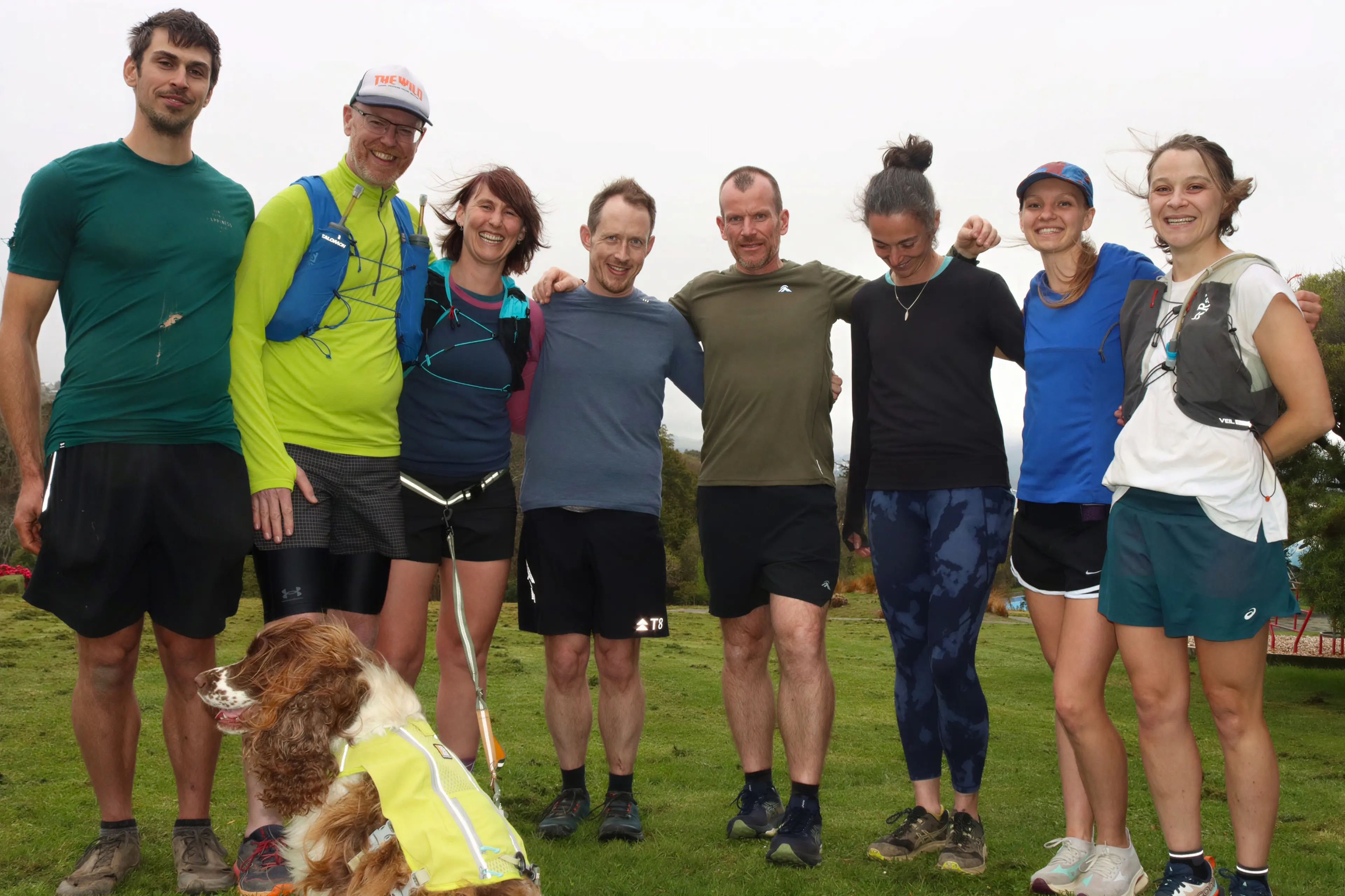 Biv Dunedin Runners (from left) Duncan Grant, Daniel Pettigrew, Shantal Whitby, Adam Clarke, David Coburn, Lizzie Thomas, Danni Haverkamp, Charlene Pautot, plus Fenix the dog. Photo: Sam Henderson.