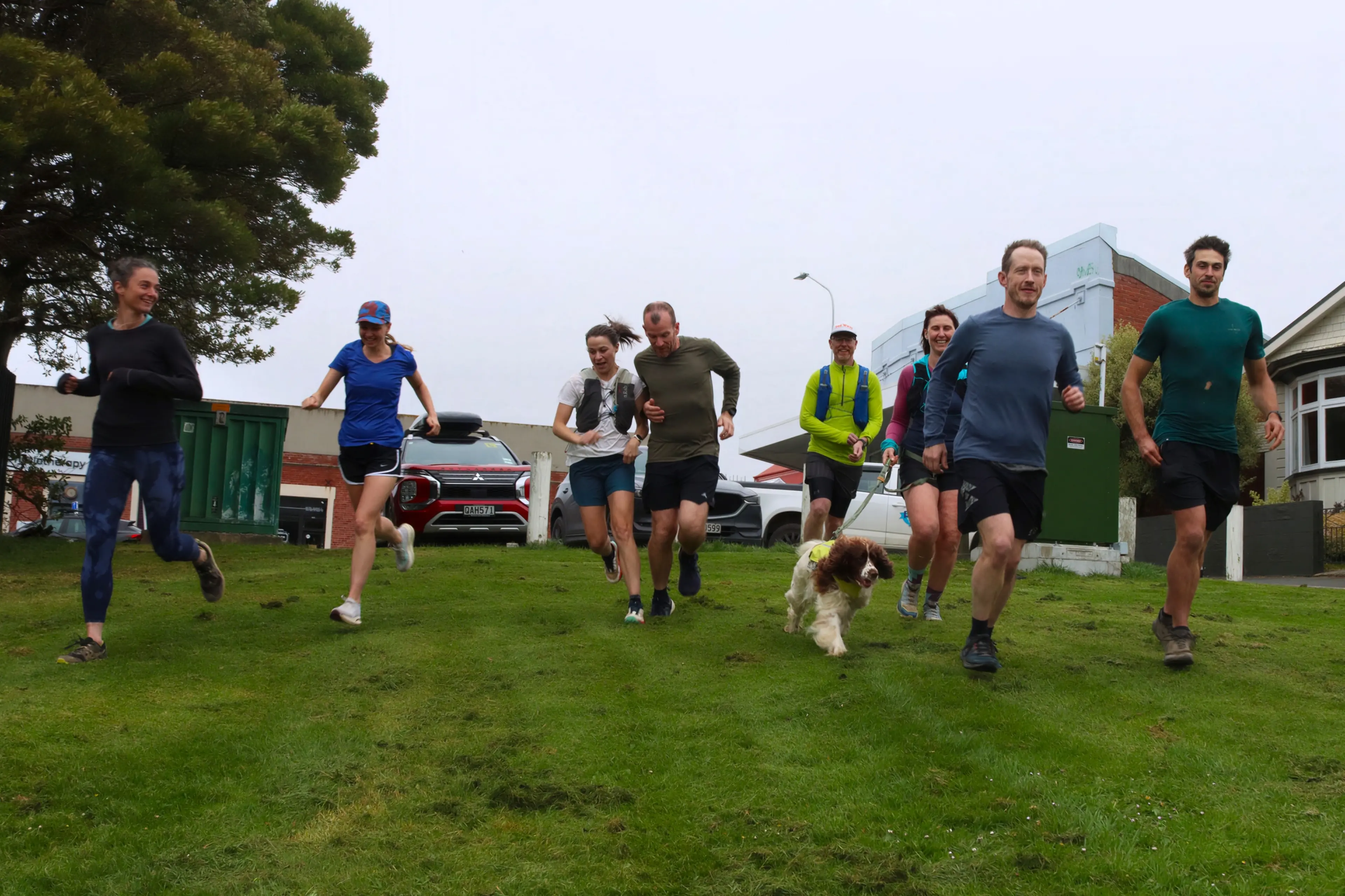 Setting out for their weekly sojourn are Biv Dunedin Runners (from left) Lizzie Thomas, Danni Haverkamp, Charlene Pautot, David Coburn, Daniel Pettigrew, Shantal Whitby (with Fenix the dog), Adam Clarke and Duncan Grant. Photo: Sam Henderson